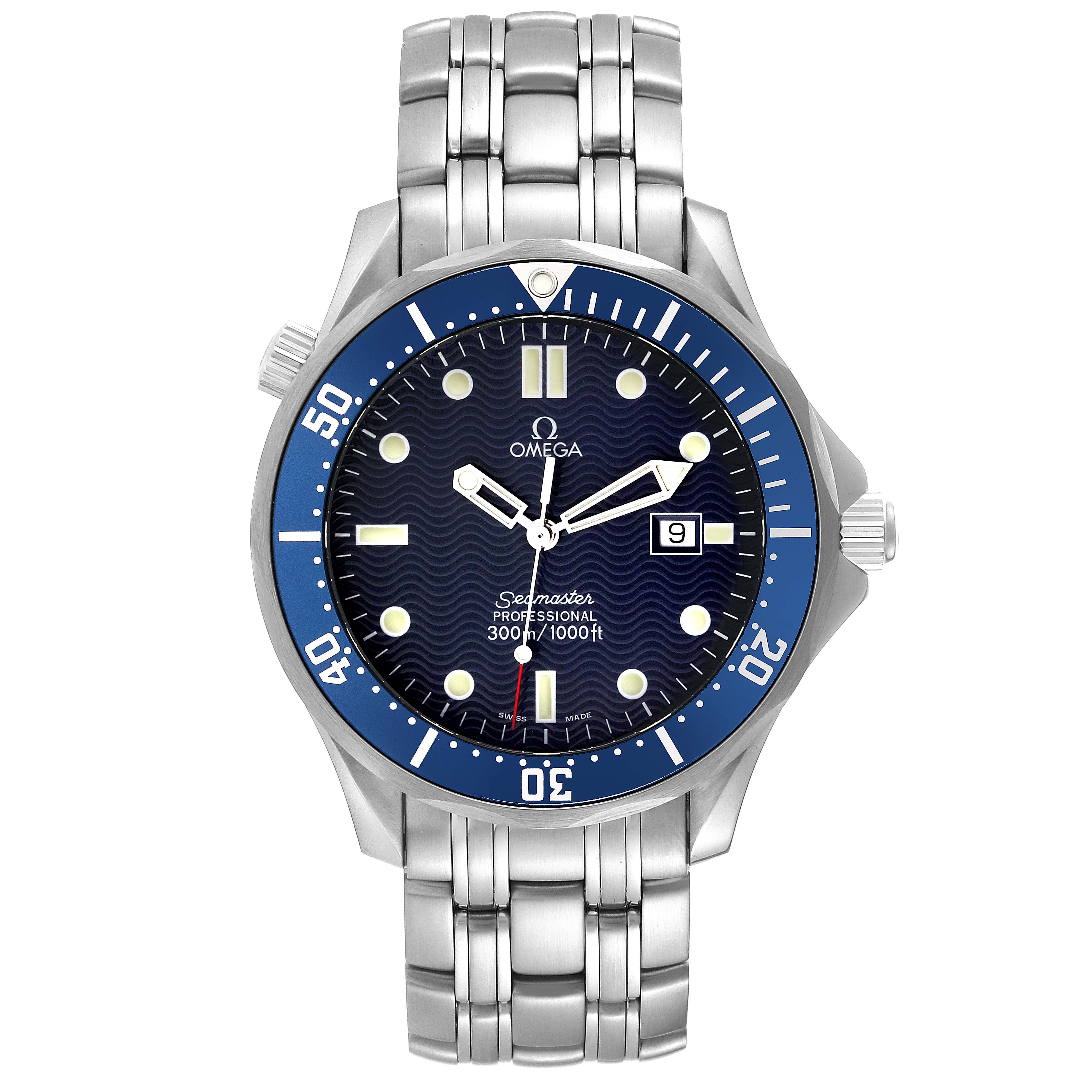 The image shows a front view of the Omega Seamaster 2541.80.00 Men's Stainless Steel Blue Dial 2541.80.00 Men's Stainless Steel Blue Dial watch, featuring the dial, bezel, and bracelet.