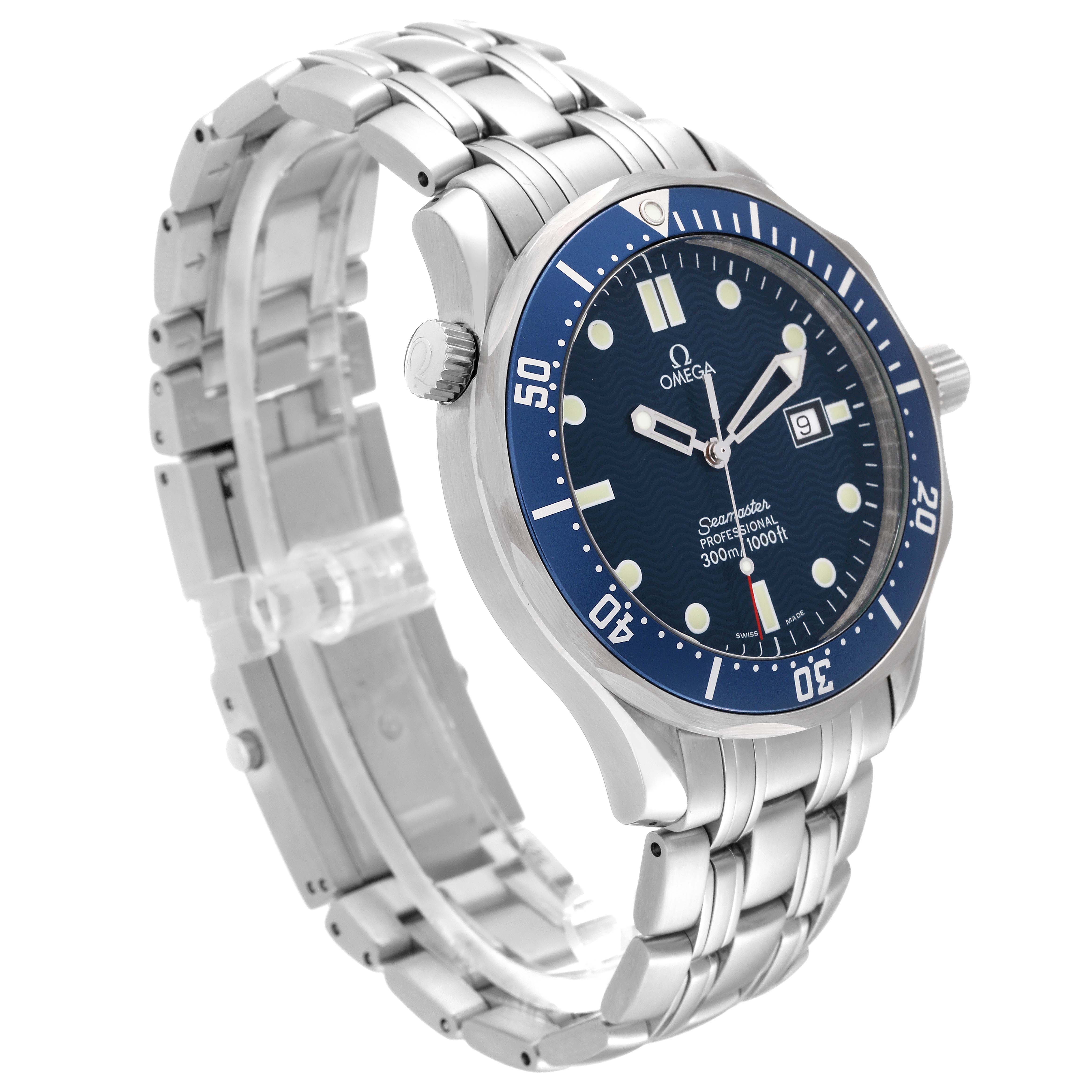 The Omega Seamaster 2541.80.00 Men's Stainless Steel Blue Dial 2541.80.00 Men's Stainless Steel Blue Dial watch is shown at a three-quarter angle, highlighting the stainless steel bracelet, bezel, and dial.