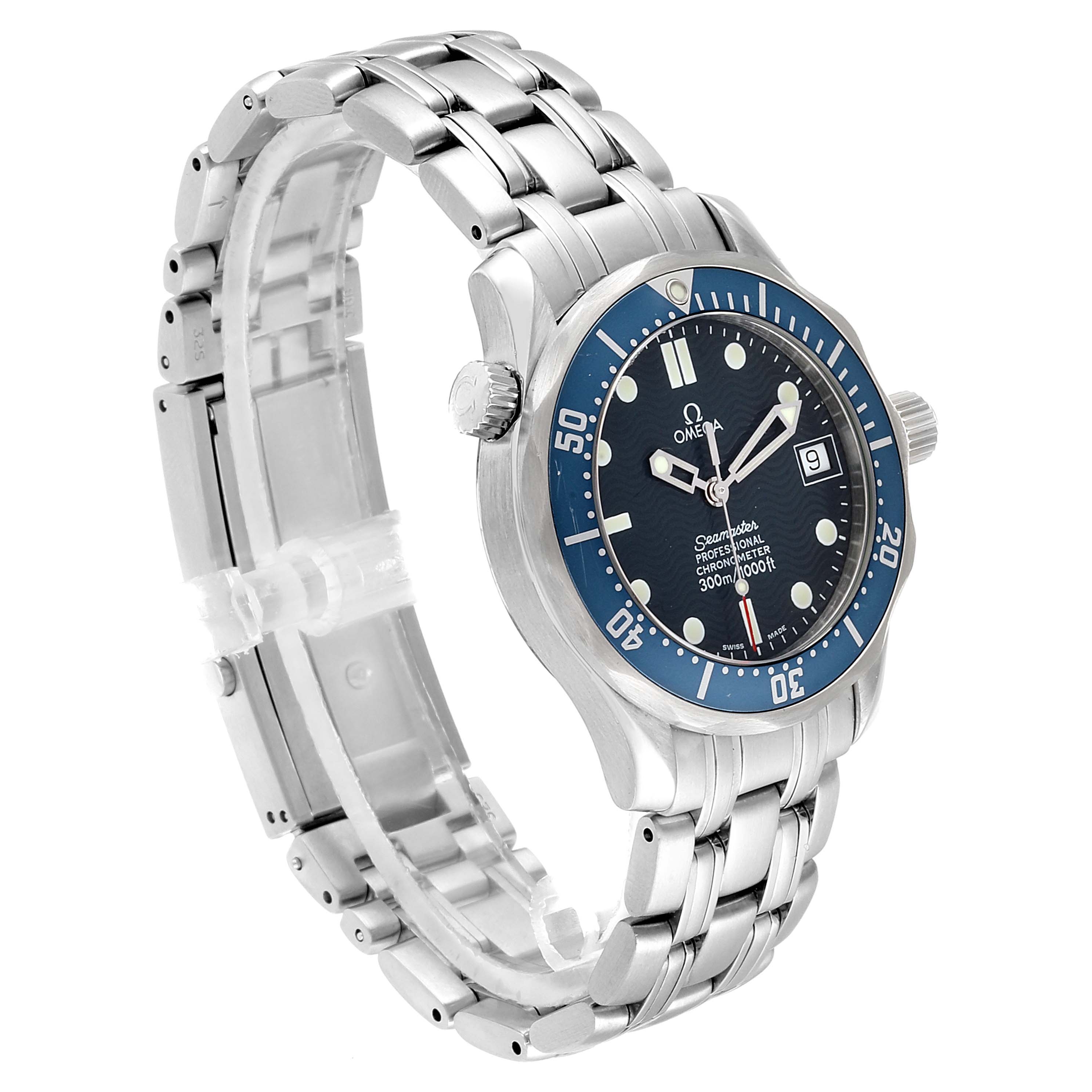 The image shows an Omega Seamaster watch featuring the bracelet, case, bezel, crown, and dial from a three-quarter angle.