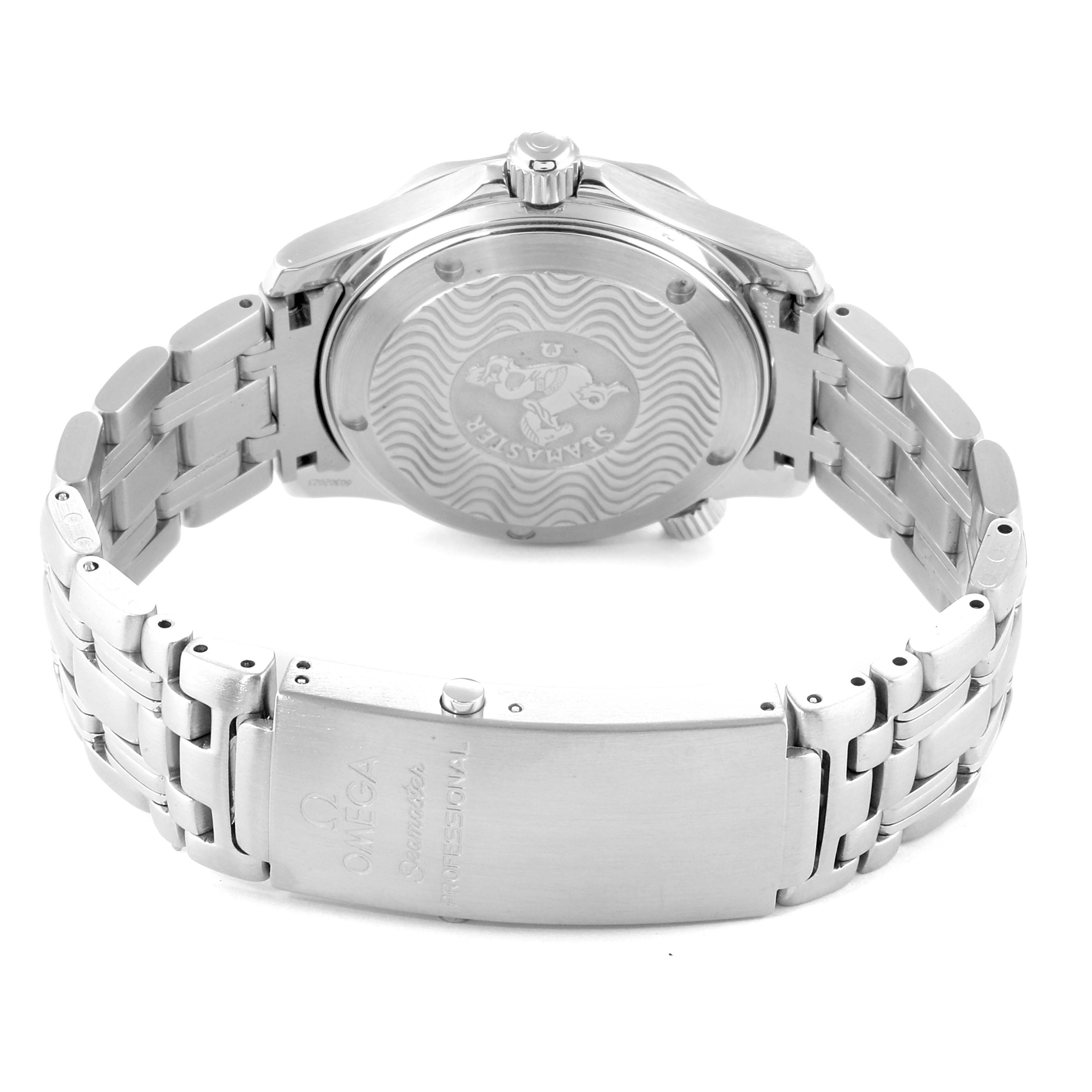 The image shows the back case and clasp of the Omega Speedmaster 2551.80.00 Men
s Stainless Steel Blue Dial 2551.80.00 Men
s Stainless Steel Blue Dial watch, highlighting the bracelet and engraved case back.