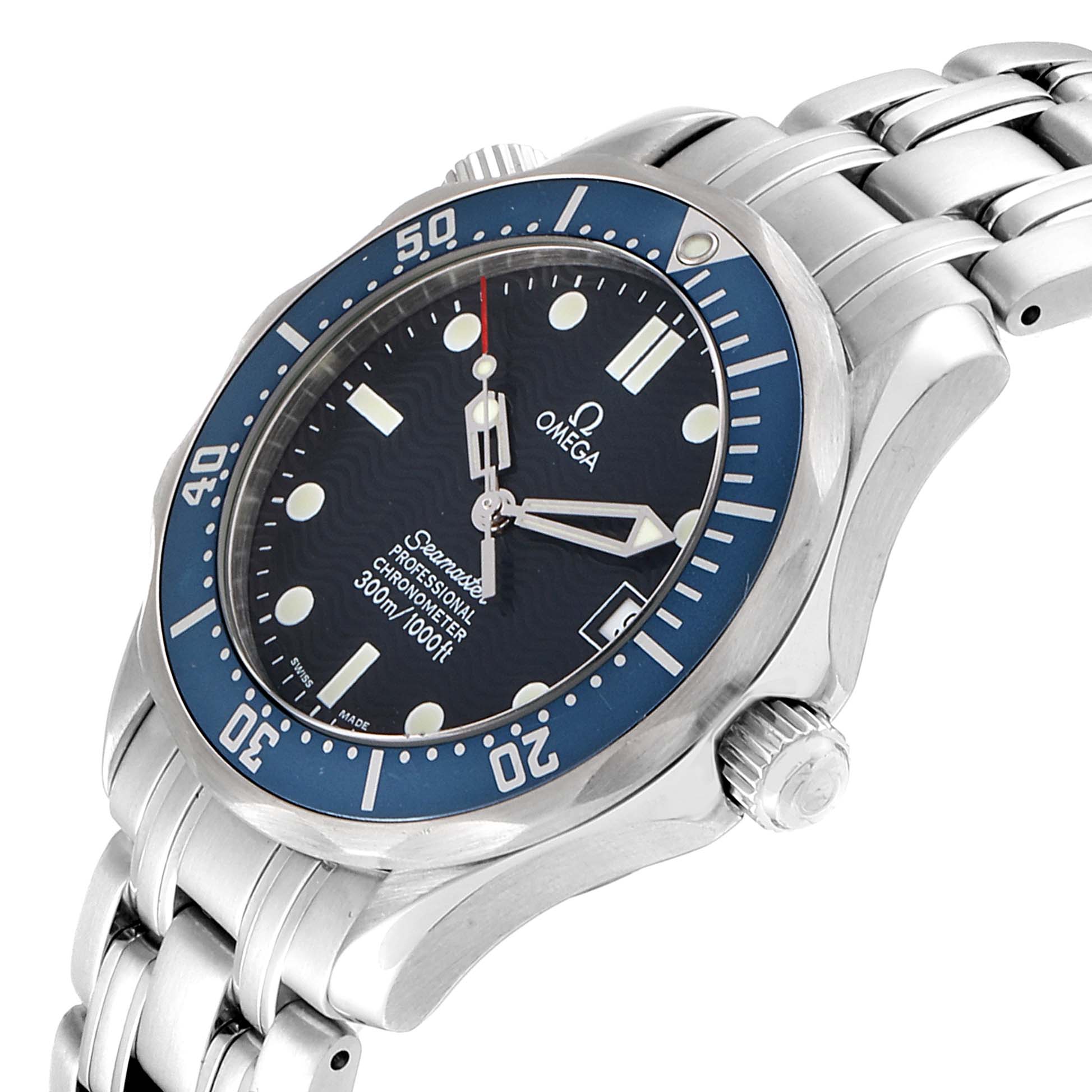 The Omega Speedmaster 2551.80.00 Men
s Stainless Steel Blue Dial 2551.80.00 Men
s Stainless Steel Blue Dial watch is shown at an angle highlighting its dial, bezel, case, crown, and part of the bracelet.