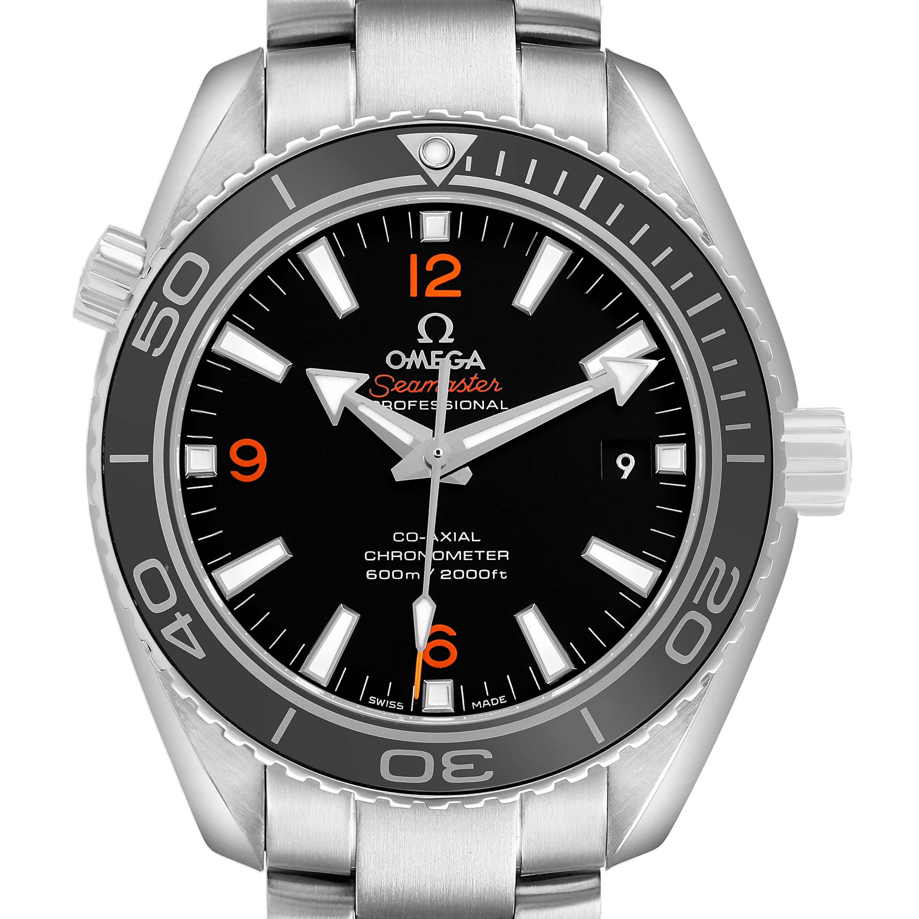 The Omega Planet Ocean 232.30.42.21.01.003 Men's Stainless Steel Black Dial watch is shown from a front angle, featuring the dial, bezel, and part of the bracelet.
