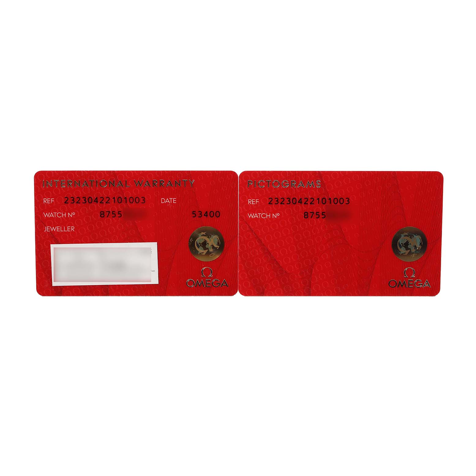 The image shows two red Omega cards: an International Warranty and a Pictogram card for the Omega Planet Ocean 232.30.42.21.01.003 Men's Stainless Steel Black Dial model.