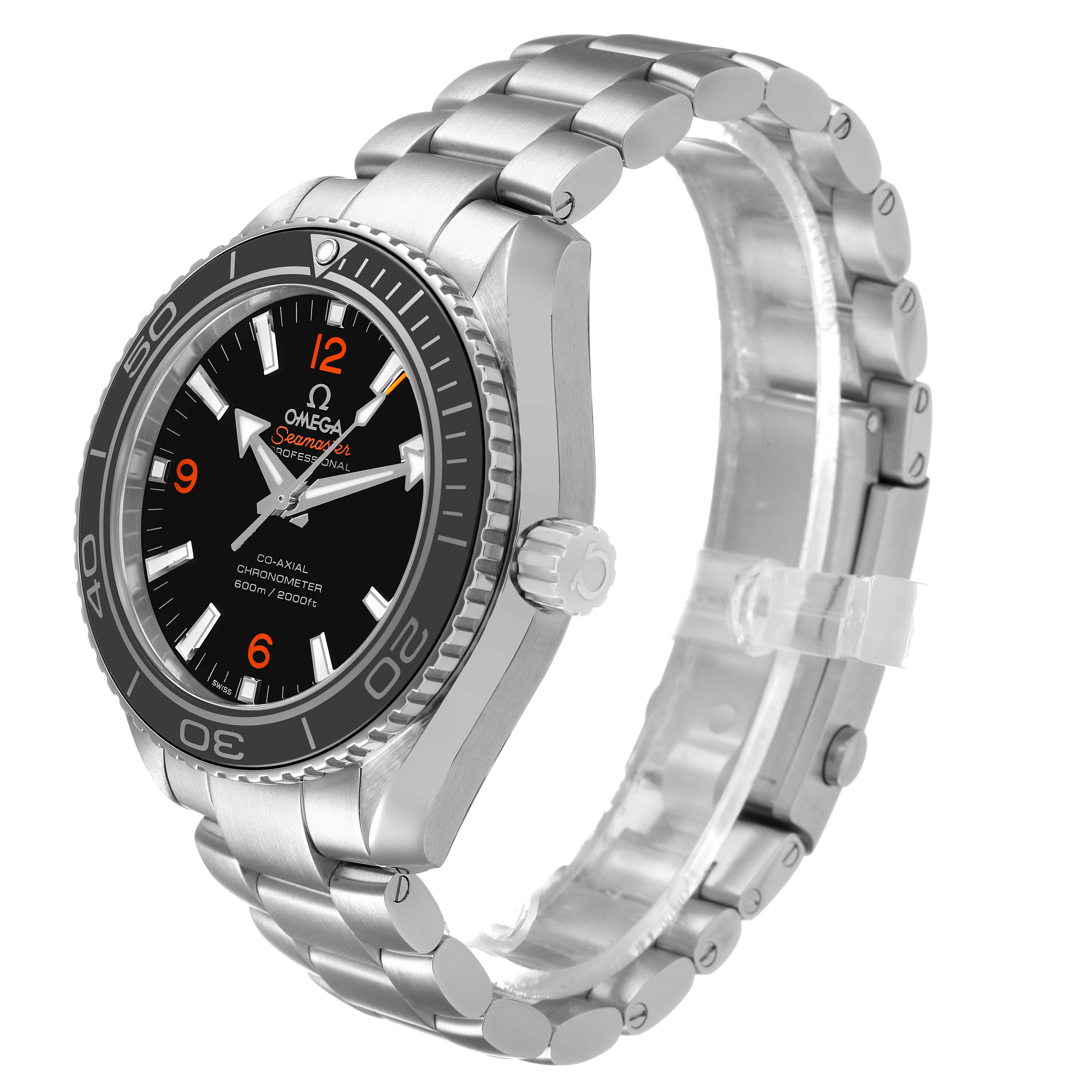 The Omega Planet Ocean 232.30.42.21.01.003 Men's Stainless Steel Black Dial watch is shown at a three-quarter angle highlighting the face, bezel, crown, and bracelet.