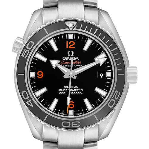 The Omega Seamaster Planet Ocean watch is shown from the front, displaying the dial, bezel, and part of the bracelet.