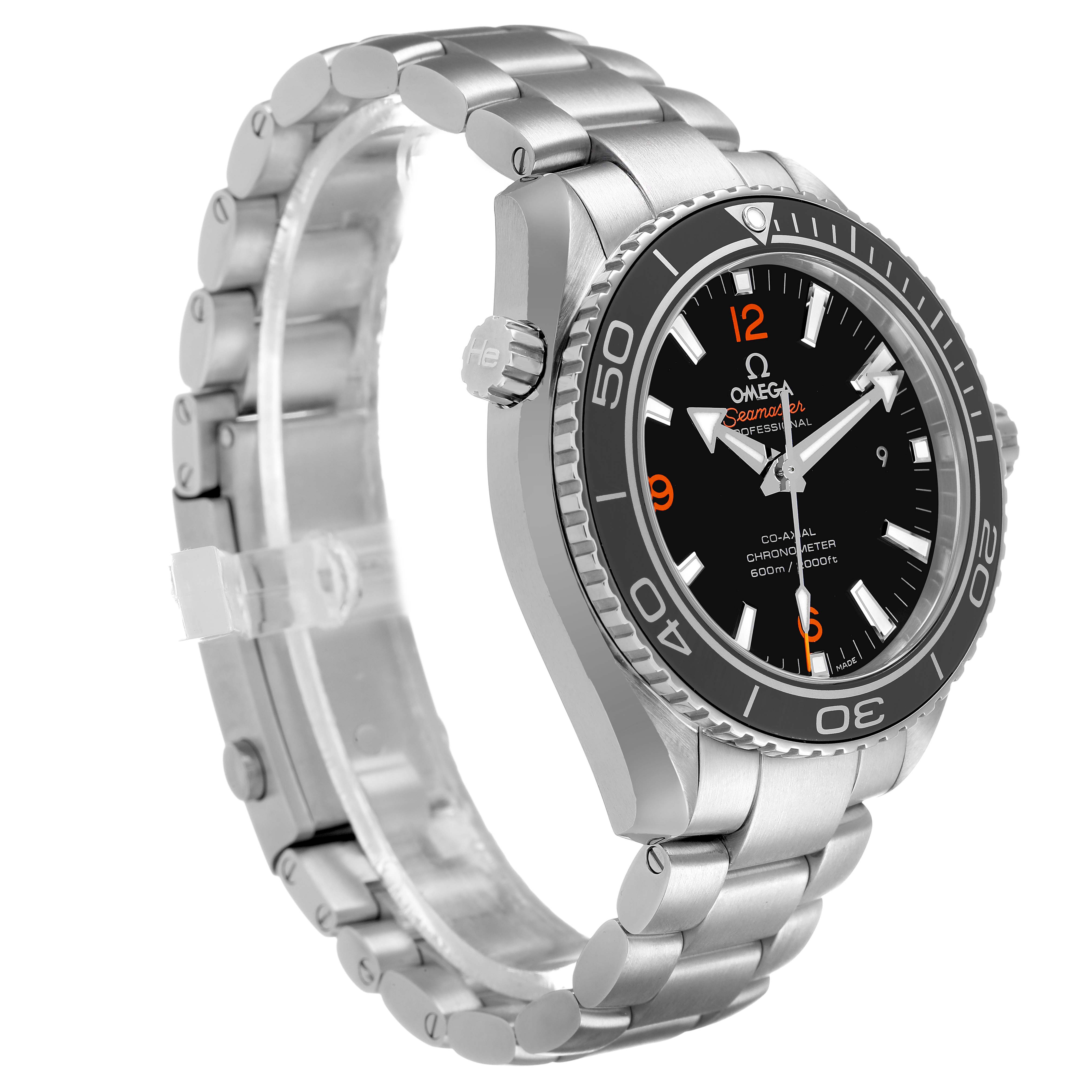 The Omega Planet Ocean 232.30.42.21.01.003 Men's Stainless Steel Black Dial watch is shown at a three-quarter angle, highlighting the dial, bezel, crown, and bracelet.