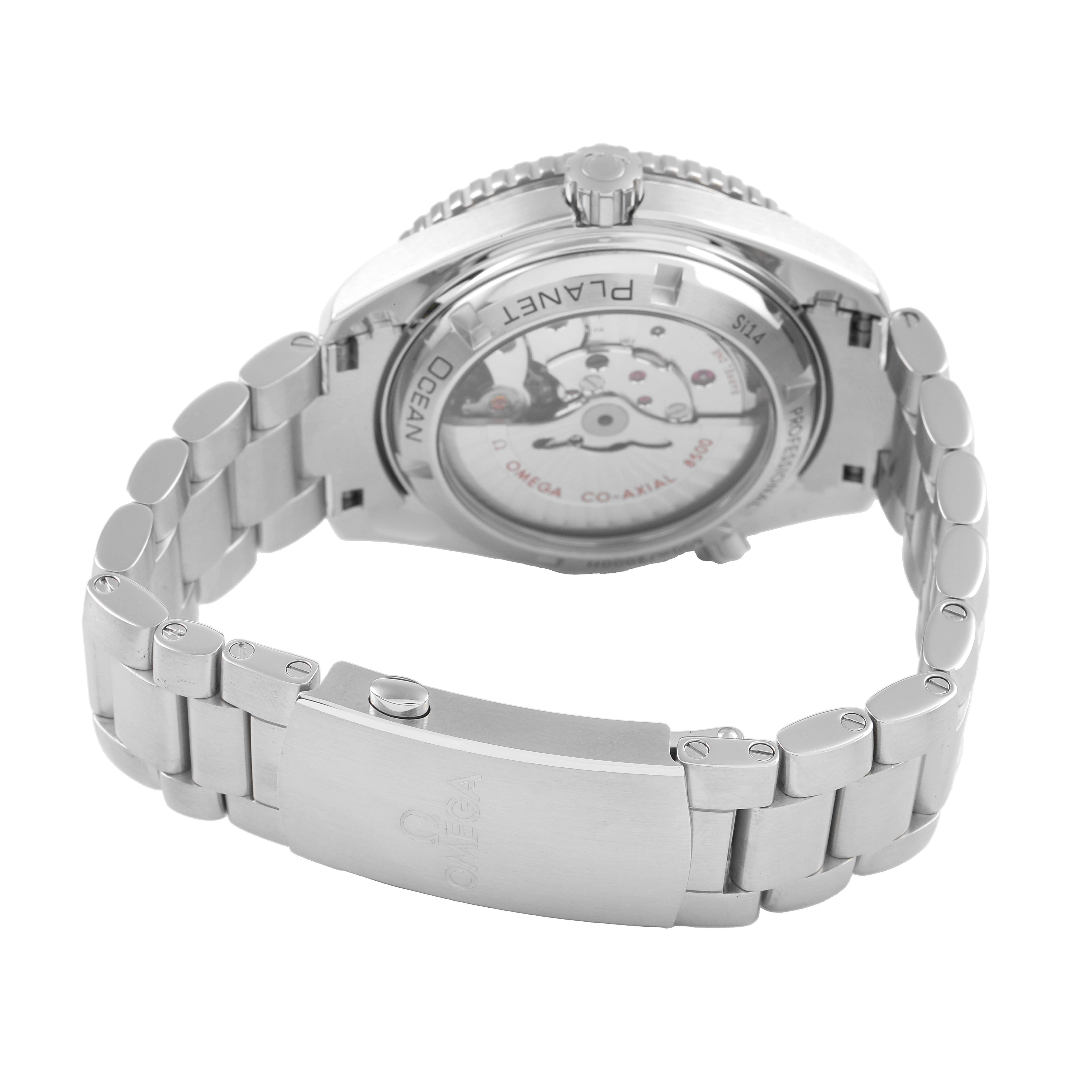 The image shows the back of the Omega Planet Ocean 232.30.42.21.01.003 Men's Stainless Steel Black Dial watch, highlighting its exhibition case back and metal bracelet.