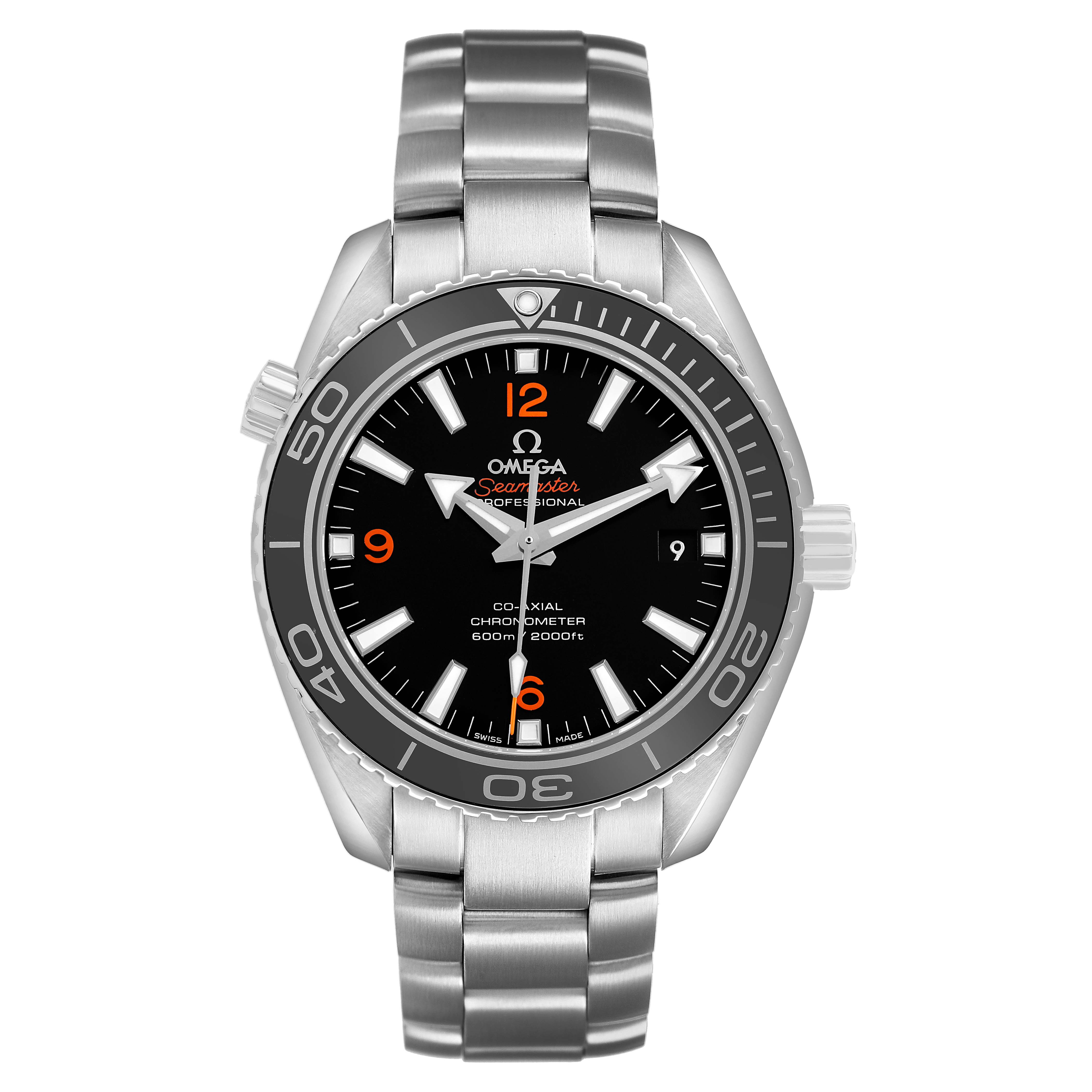 The Omega Planet Ocean 232.30.42.21.01.003 Men's Stainless Steel Black Dial watch is shown from the front, displaying the dial, bezel, crown, and bracelet.
