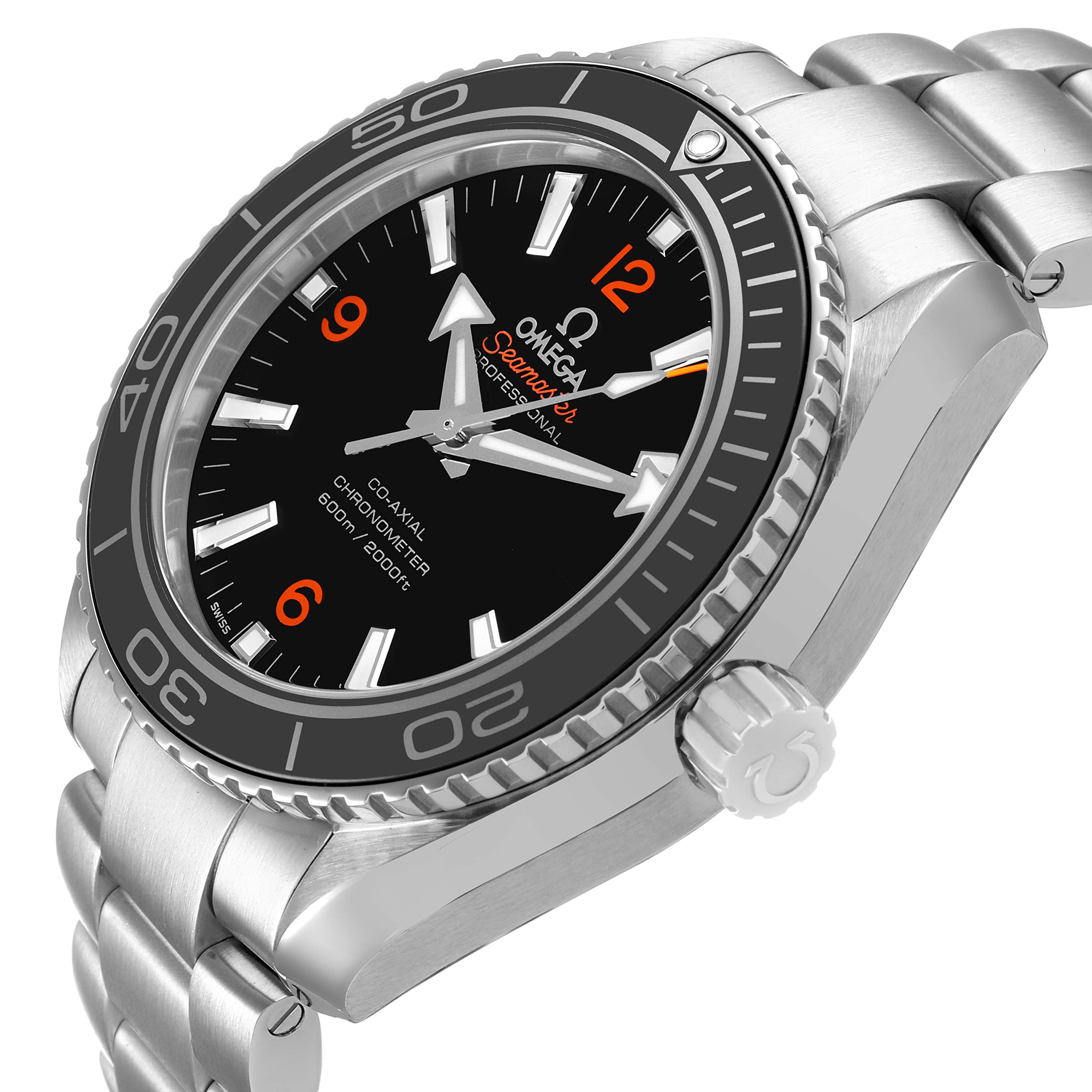 The Omega Planet Ocean 232.30.42.21.01.003 Men's Stainless Steel Black Dial watch is shown at an angled side view displaying the bezel, crown, and part of the bracelet.