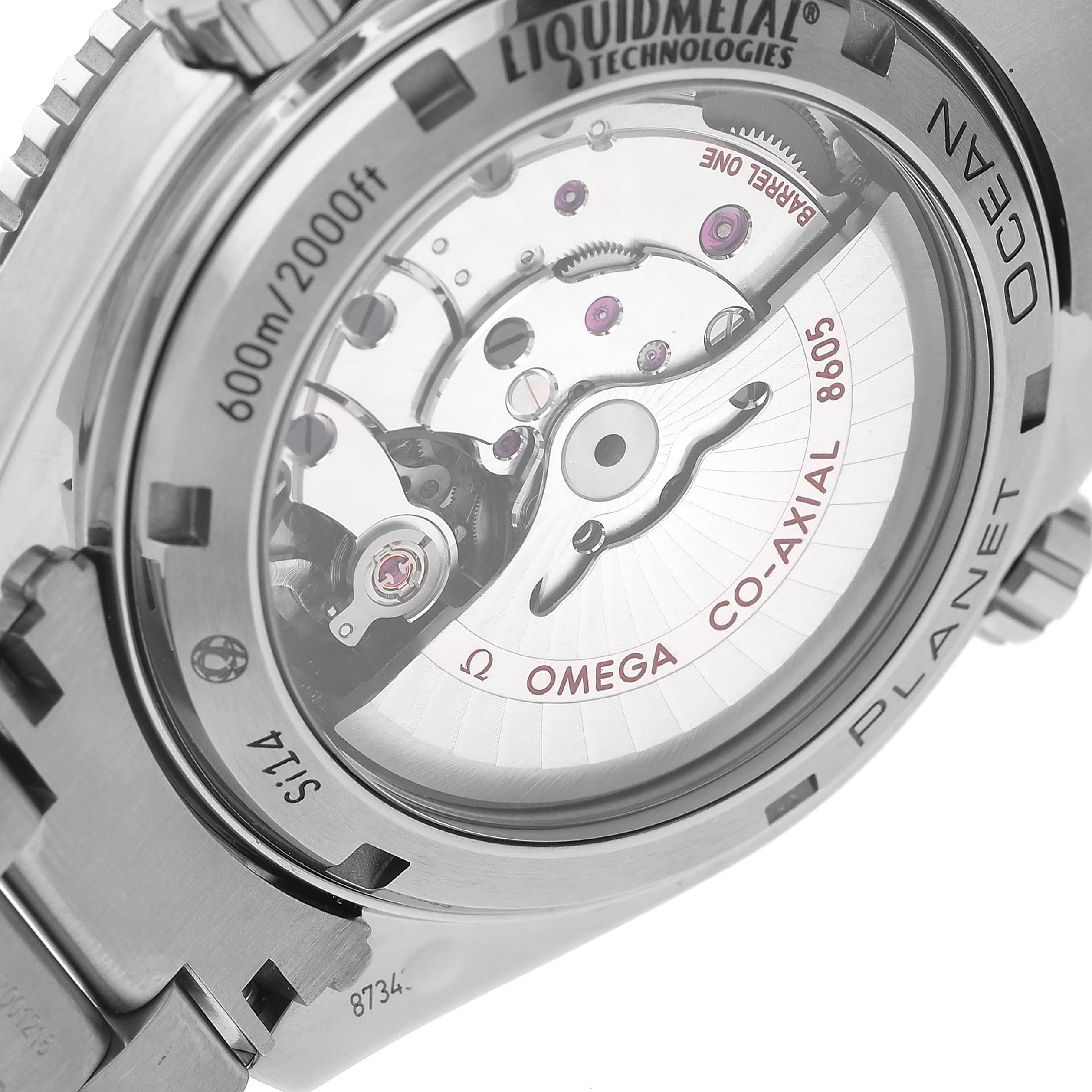 The image shows the back and movement of the Omega Planet Ocean 232.90.44.22.03.001 Men's Titanium Blue Dial watch, highlighting its Co-Axial mechanism.