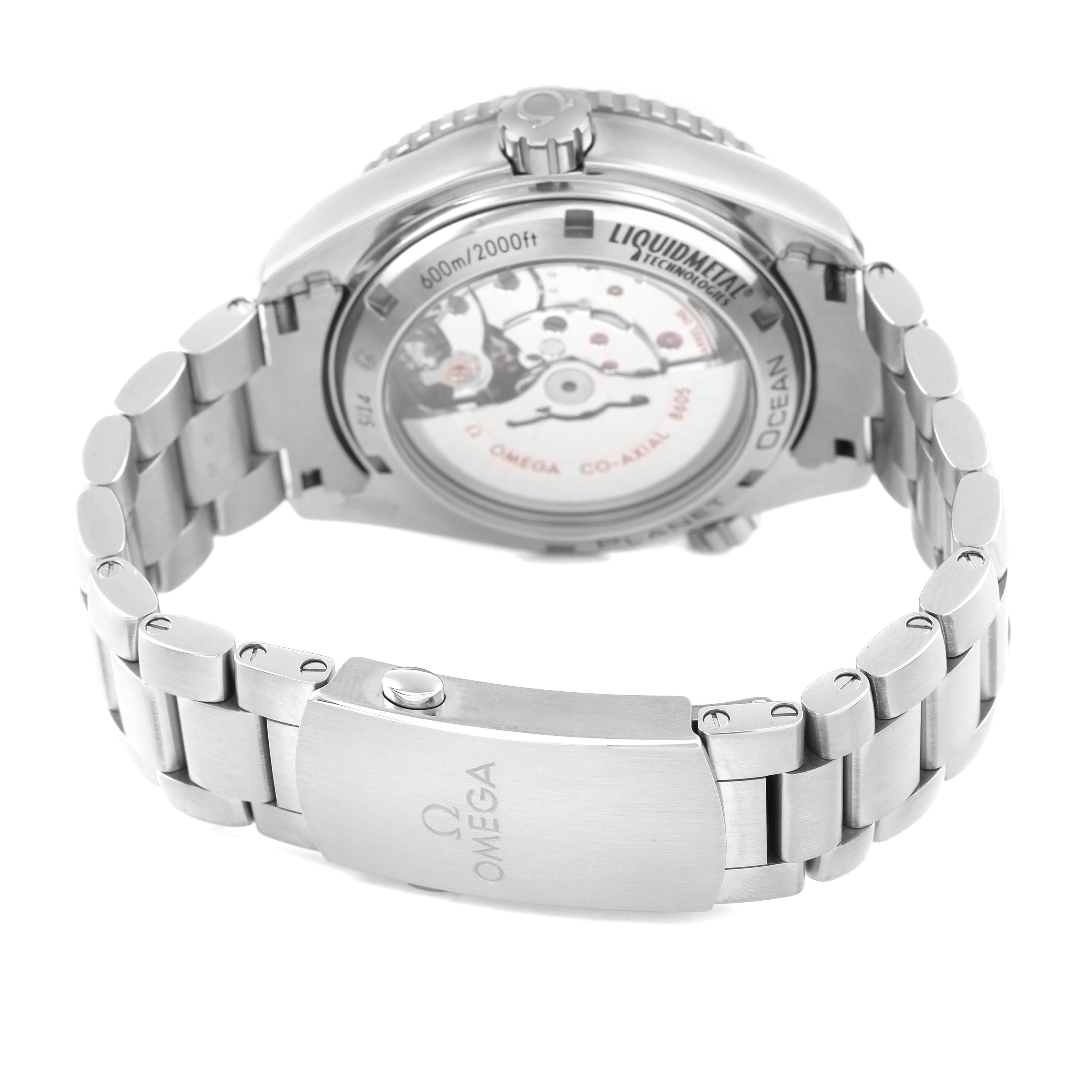 The image shows the back of the Omega Planet Ocean 232.90.44.22.03.001 Men's Titanium Blue Dial, highlighting the transparent case back and bracelet clasp.