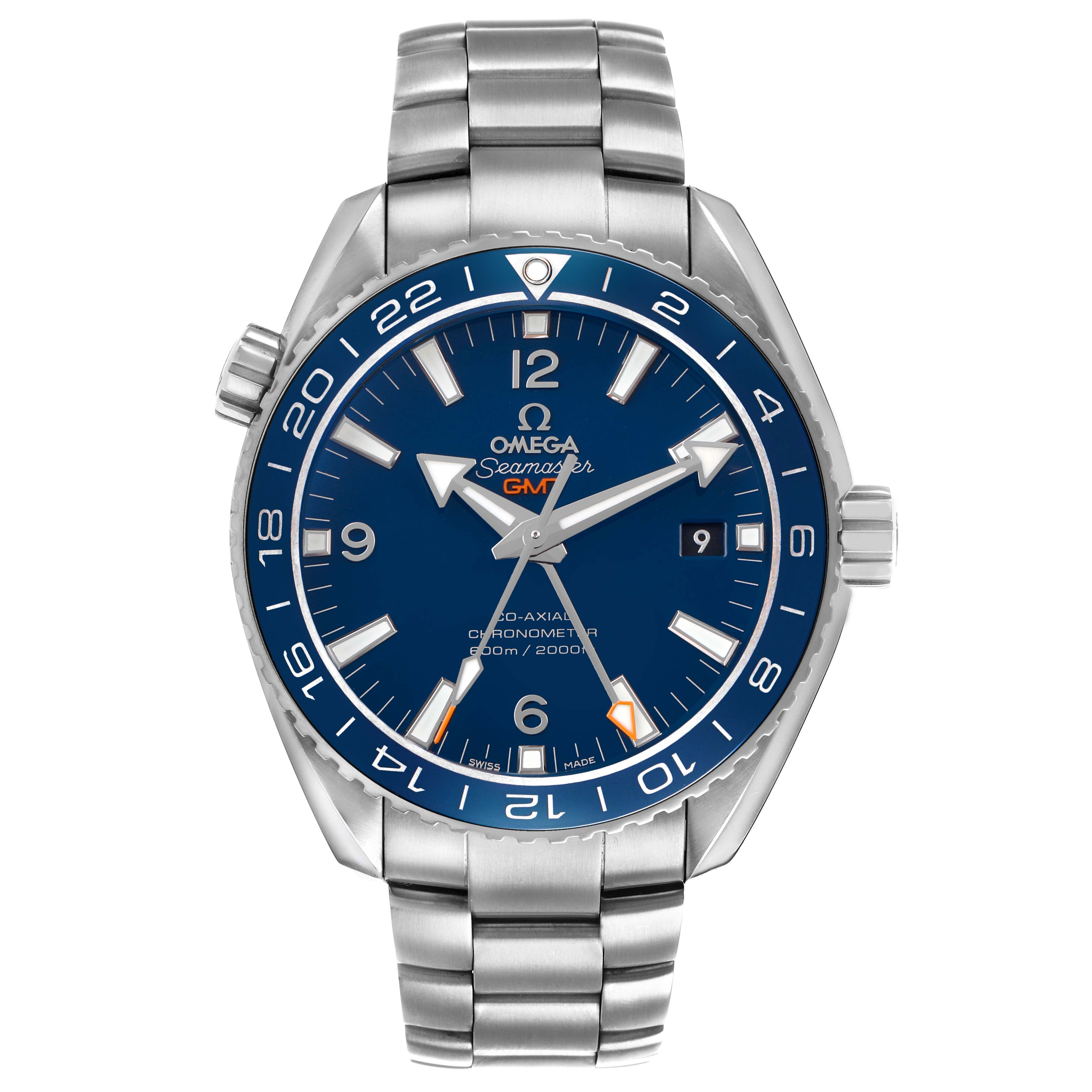 The Omega Planet Ocean 232.90.44.22.03.001 Men's Titanium Blue Dial watch is shown from a front angle, highlighting its blue dial, markers, bezel, and metal bracelet.