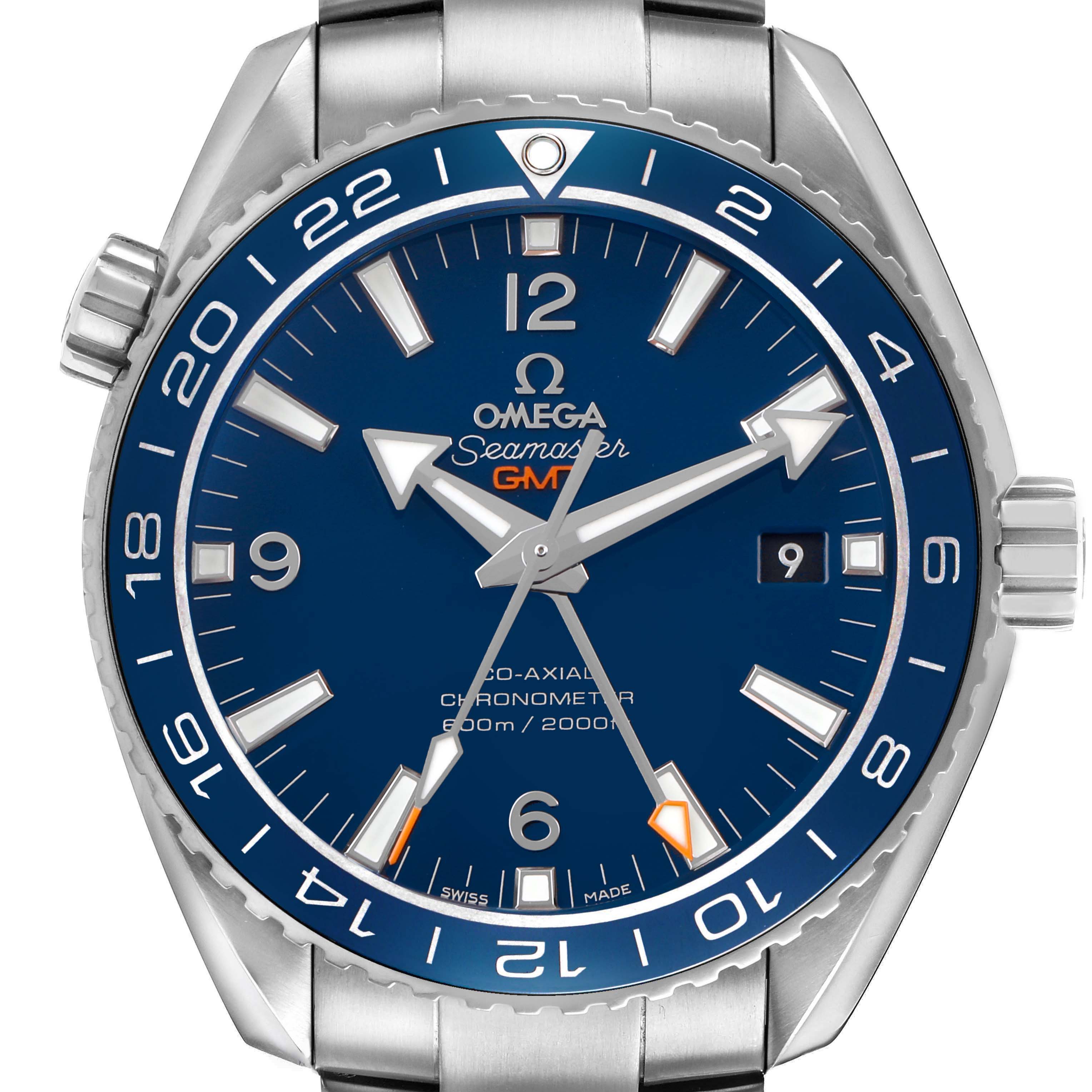 The Omega Planet Ocean 232.90.44.22.03.001 Men's Titanium Blue Dial watch is shown from the front, highlighting its blue dial, hands, indices, and the date display at 3 o'clock.