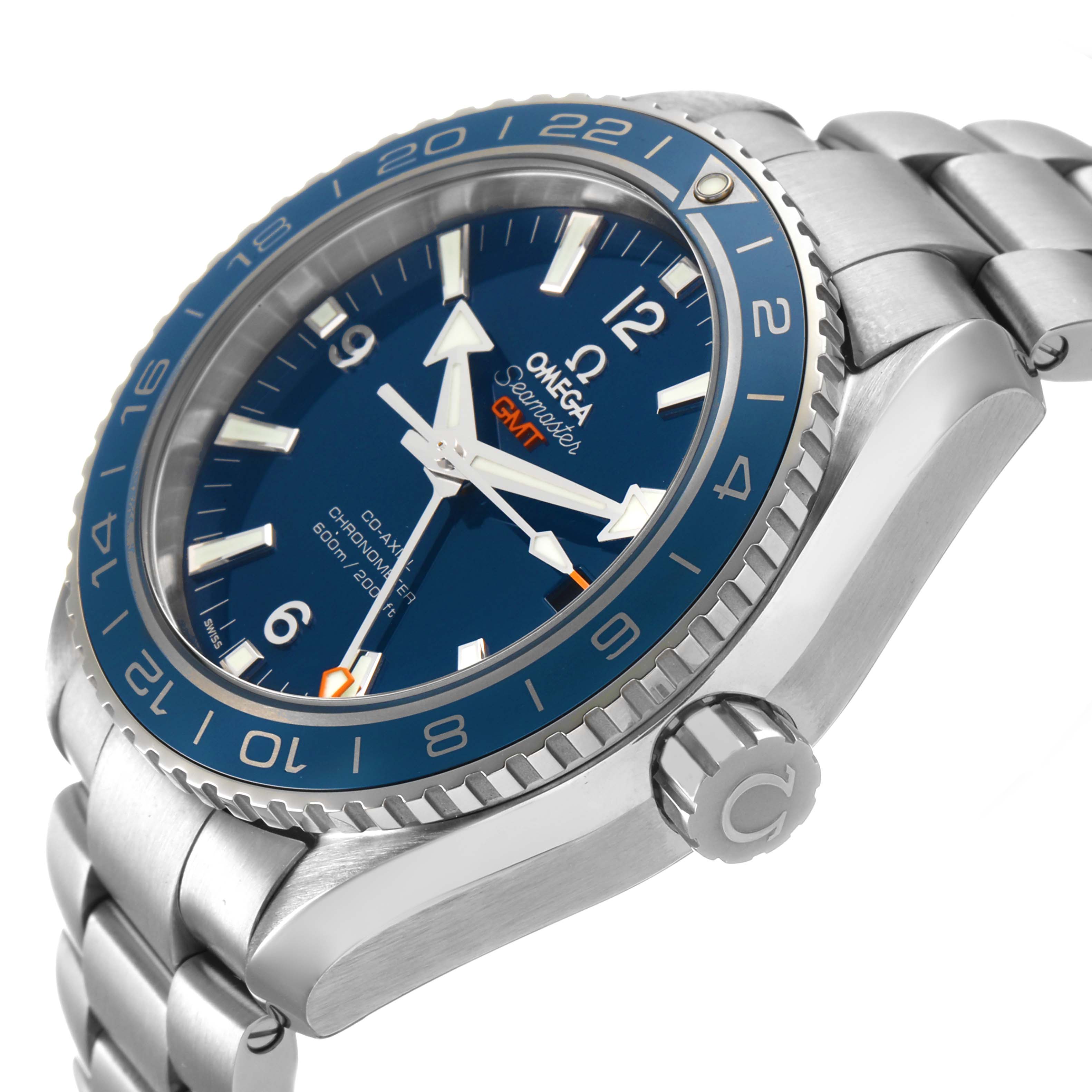 The Omega Planet Ocean 232.90.44.22.03.001 Men's Titanium Blue Dial watch is shown at a slight side angle, highlighting the blue dial, bezel, and metal bracelet.