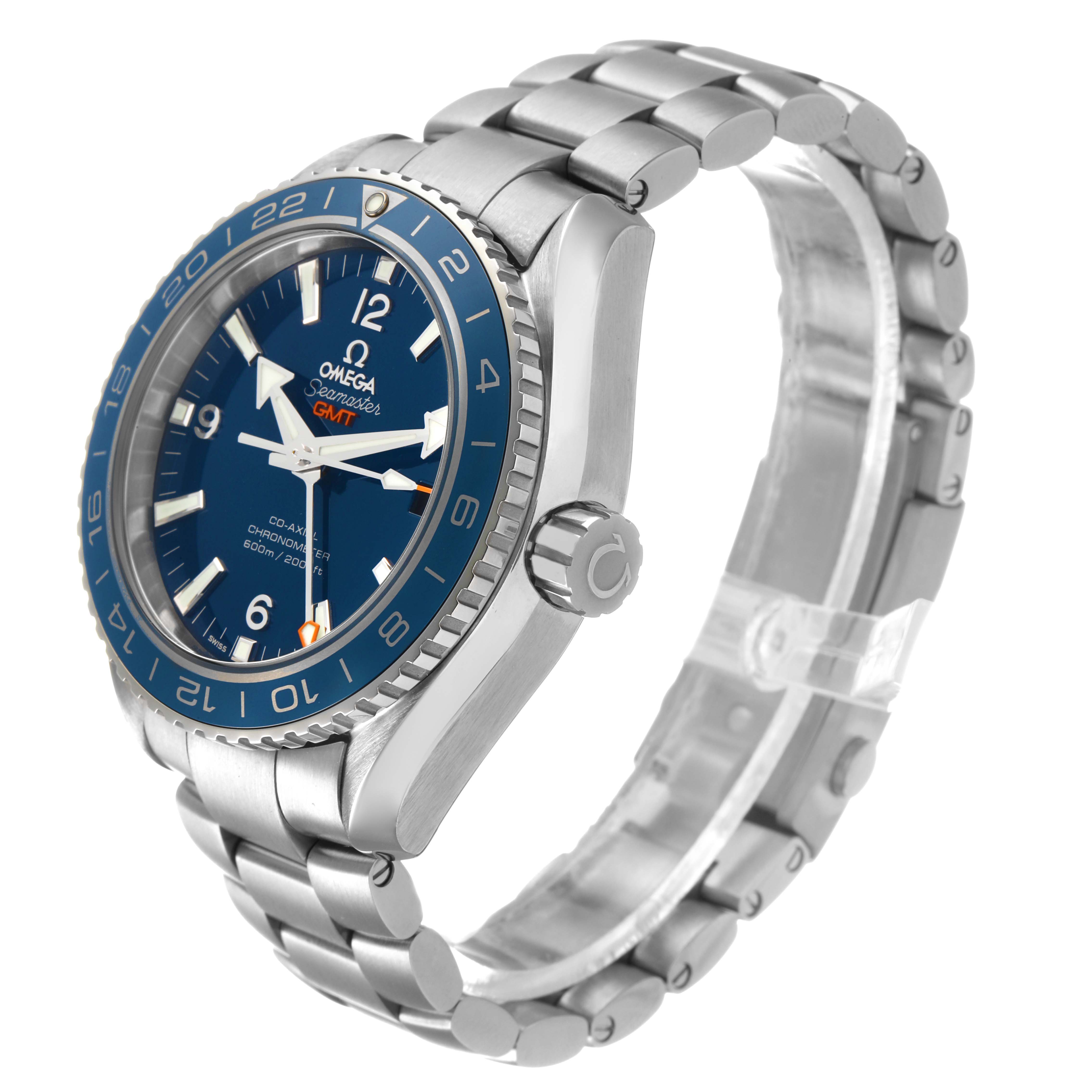 The Omega Planet Ocean 232.90.44.22.03.001 Men's Titanium Blue Dial watch is shown at a slight angle, highlighting the case, bezel, dial, and part of the bracelet.