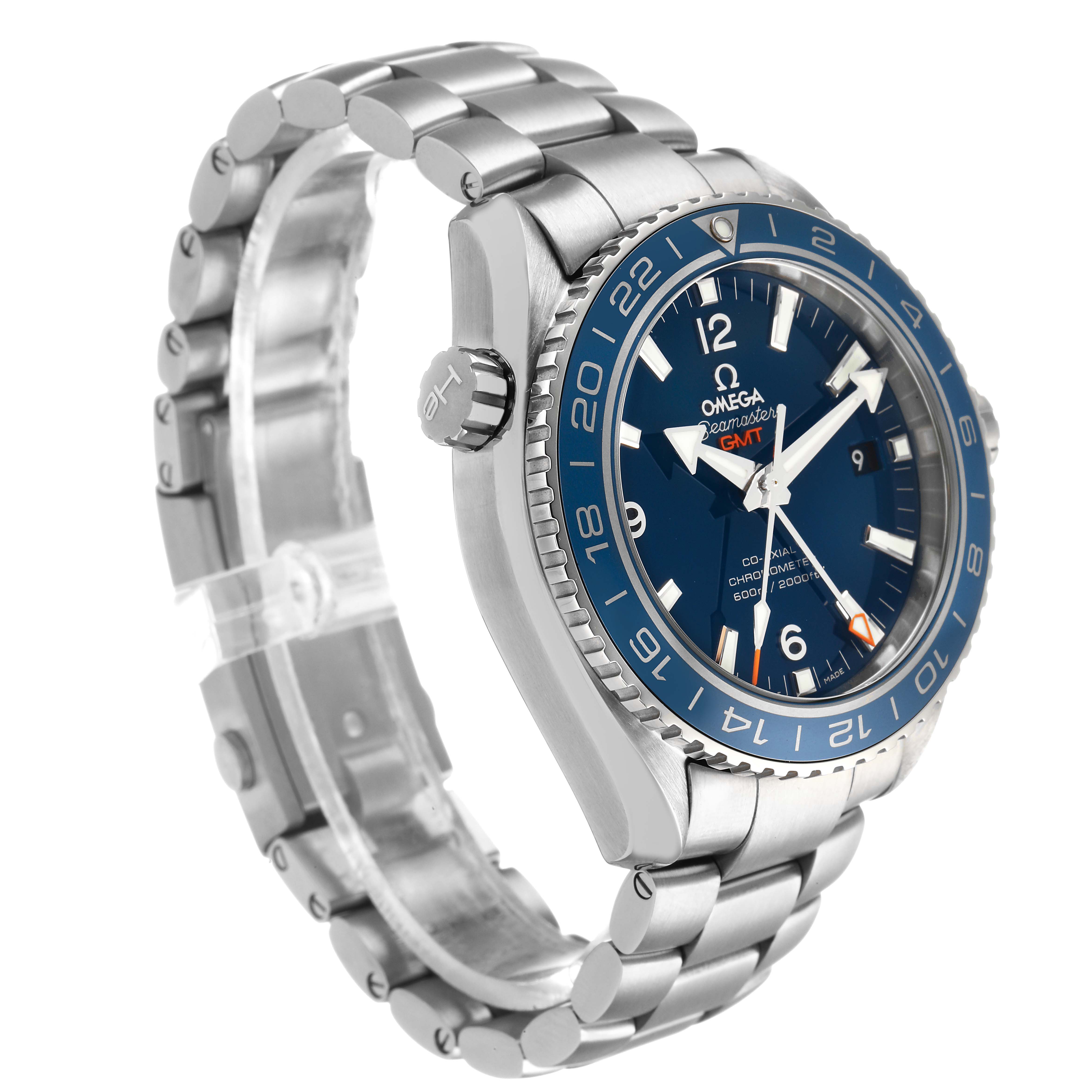 The Omega Planet Ocean 232.90.44.22.03.001 Men's Titanium Blue Dial watch is shown at an angled side view, highlighting the face, bezel, crown, and bracelet.