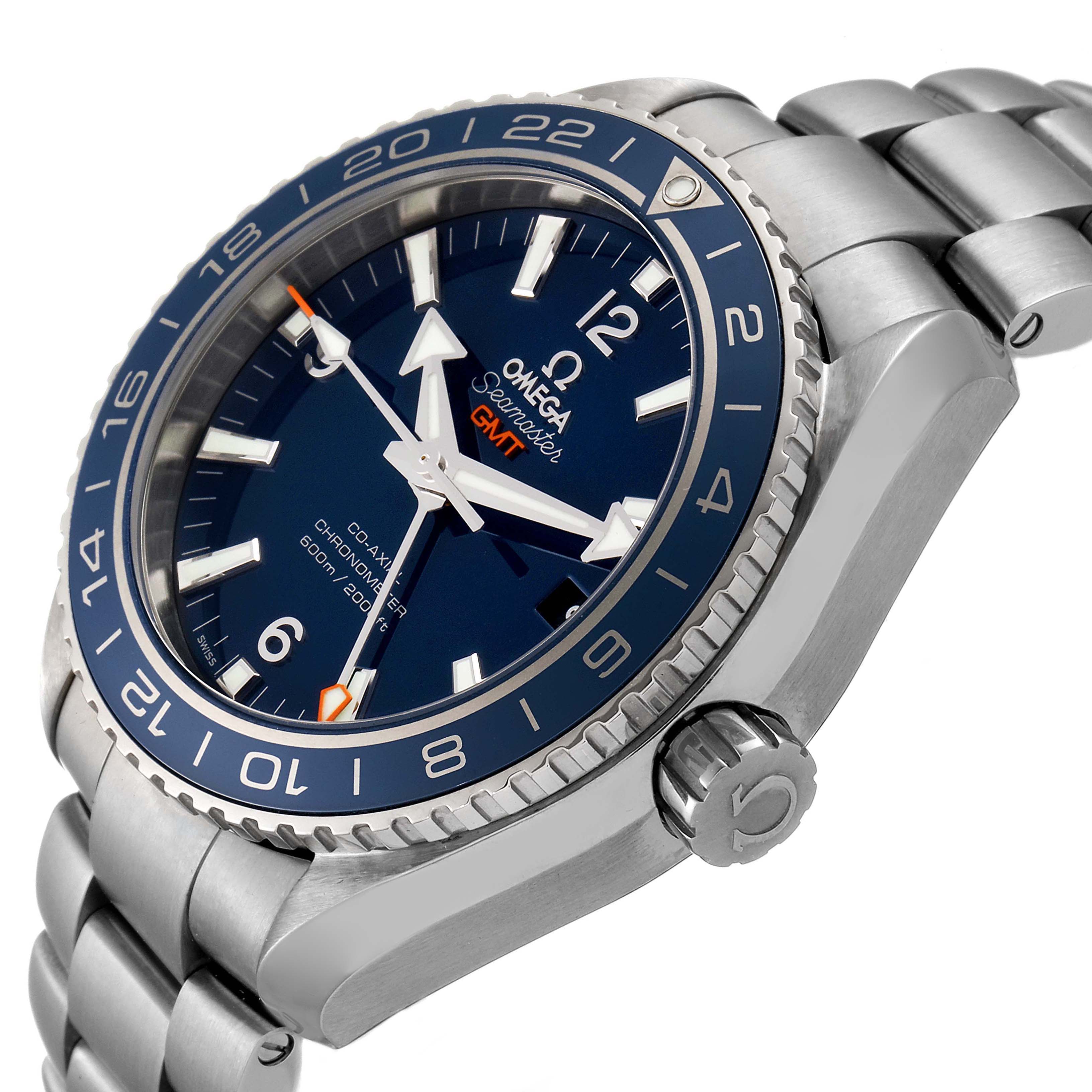 The Omega Planet Ocean 232.90.44.22.03.001 Men's Titanium Blue Dial 232.90.44.22.03.001 Men's Titanium Blue Dial watch is shown at an angled view displaying the face, bezel, crown, and part of the stainless steel bracelet.