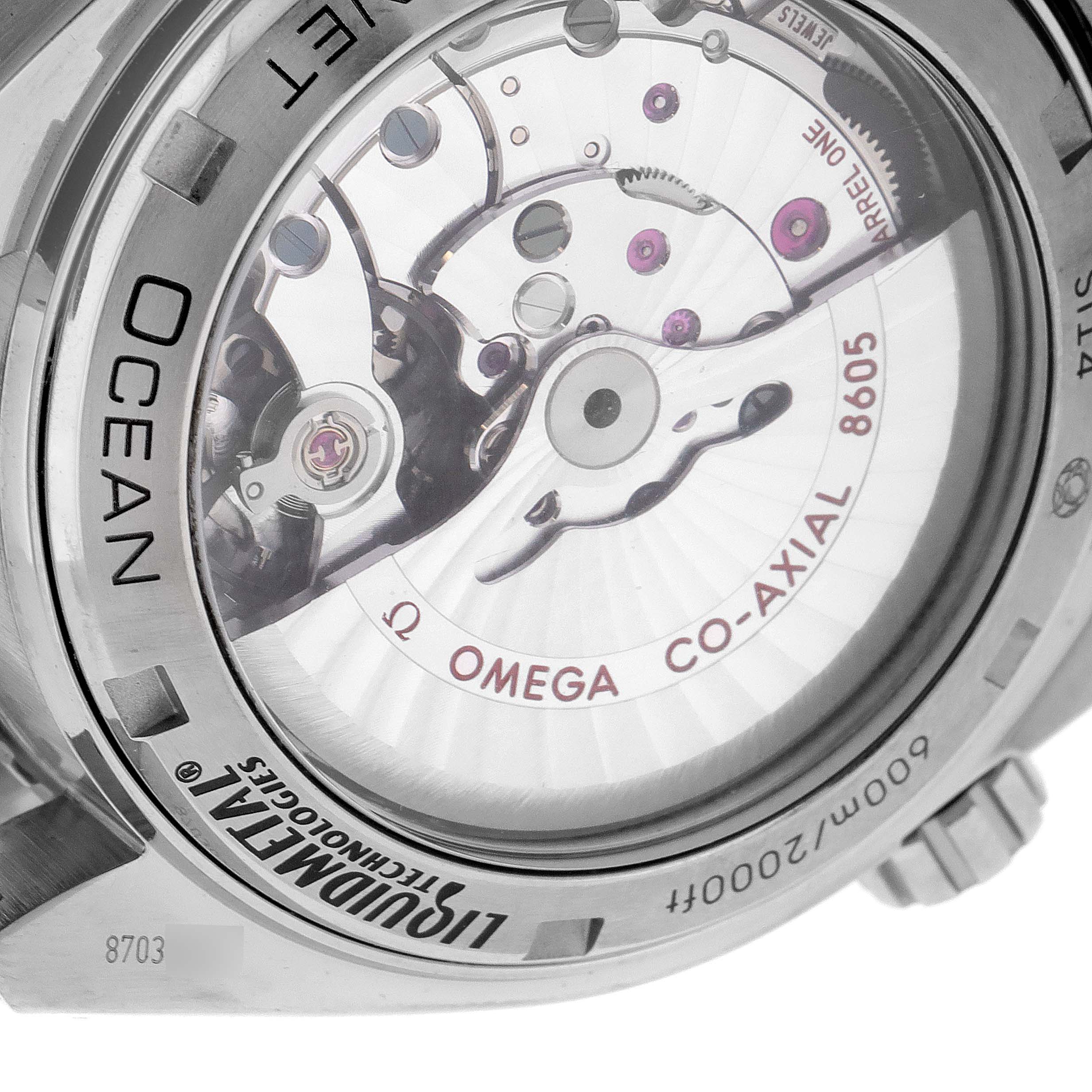 This image shows the back view of the Omega Planet Ocean 232.90.44.22.03.001 Men's Titanium Blue Dial 232.90.44.22.03.001 Men's Titanium Blue Dial, highlighting its Co-Axial movement and inscription details.