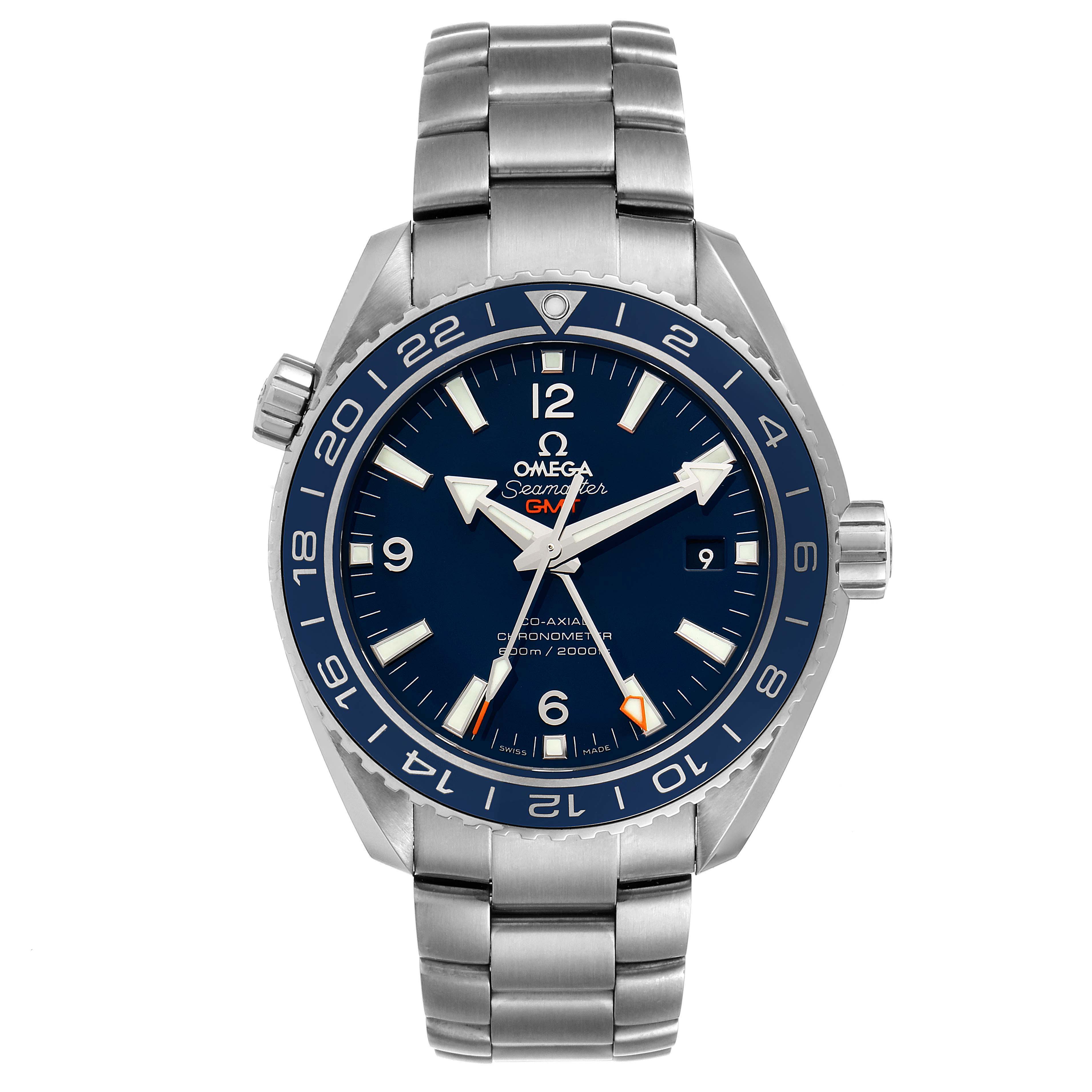 The image shows a frontal view of the Omega Planet Ocean 232.90.44.22.03.001 Men's Titanium Blue Dial 232.90.44.22.03.001 Men's Titanium Blue Dial model, displaying its dial, bezel, and stainless steel bracelet.