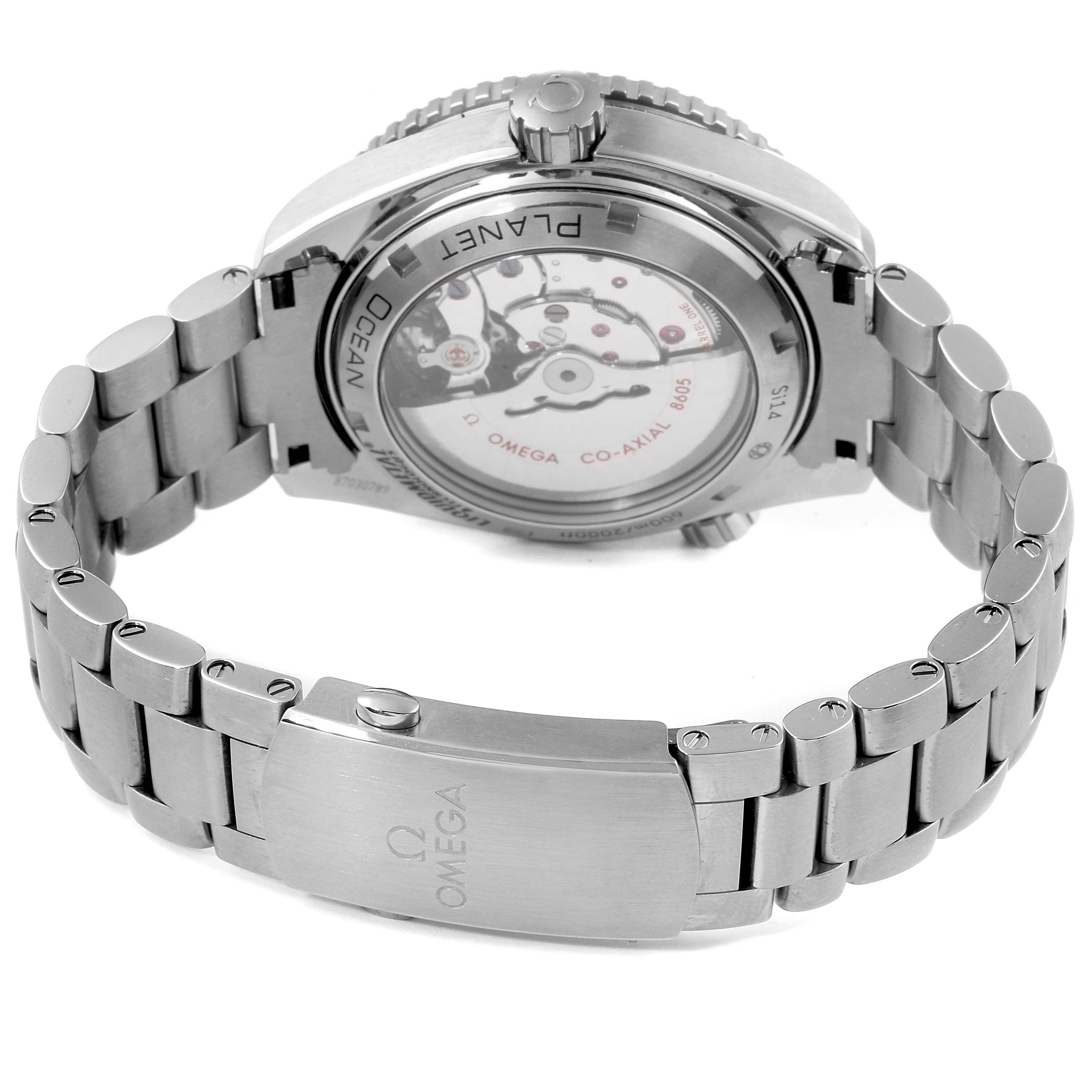 This image shows the back and clasp of the Omega Planet Ocean 232.90.44.22.03.001 Men's Titanium Blue Dial 232.90.44.22.03.001 Men's Titanium Blue Dial watch, displaying its movement and bracelet.
