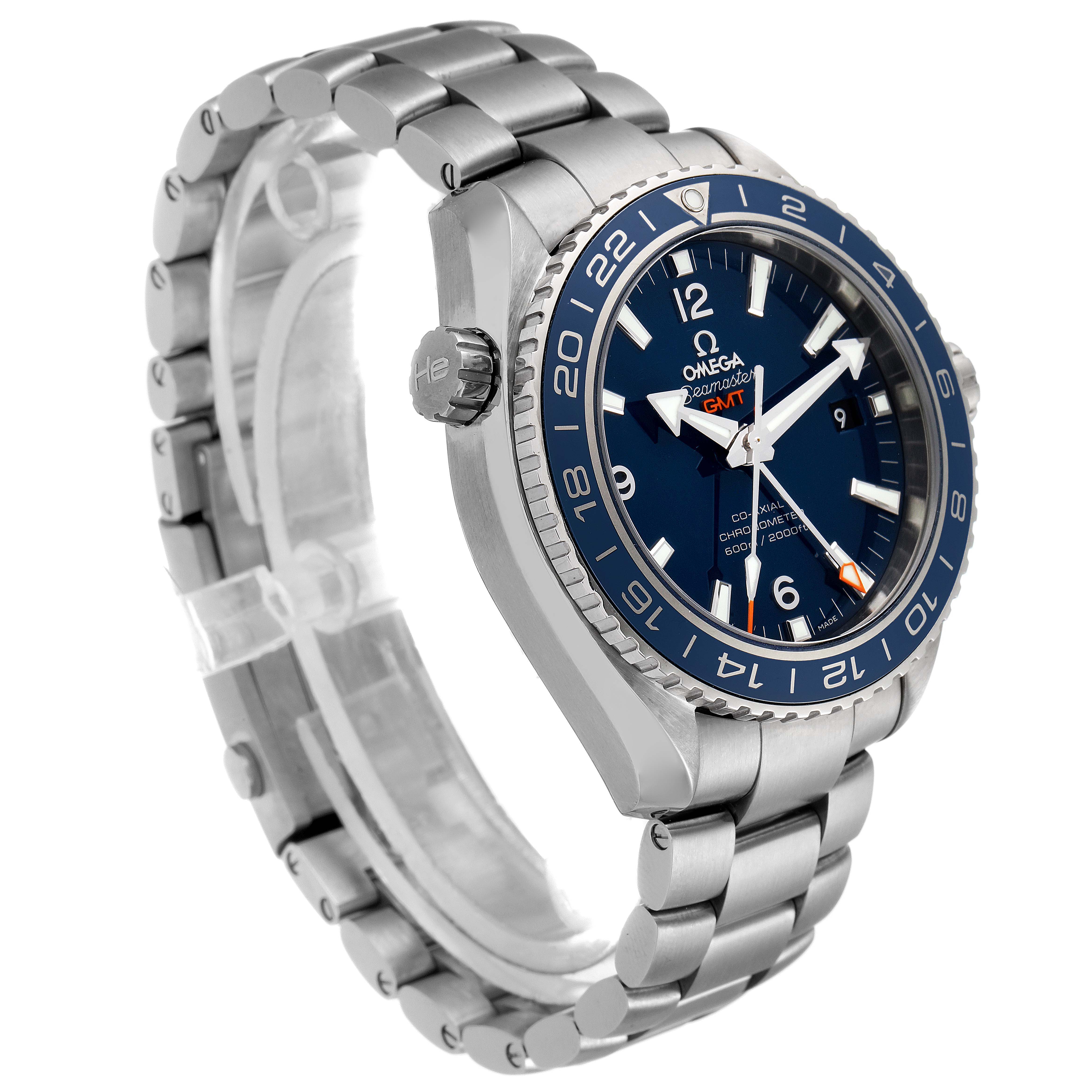 The Omega Planet Ocean 232.90.44.22.03.001 Men's Titanium Blue Dial 232.90.44.22.03.001 Men's Titanium Blue Dial watch is shown at a three-quarter angle, displaying the bracelet, bezel, and crown.