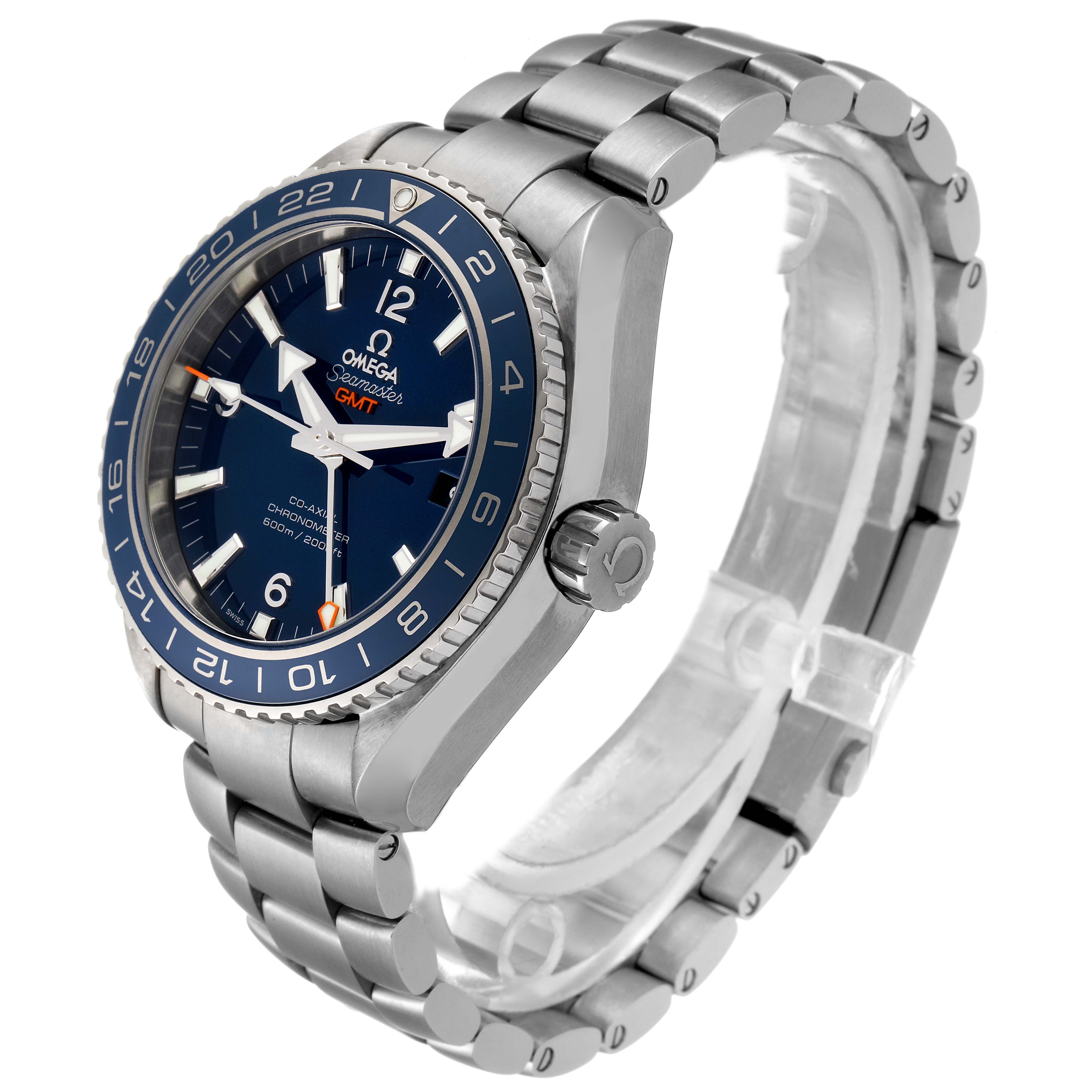 The image shows an Omega Planet Ocean 232.90.44.22.03.001 Men's Titanium Blue Dial 232.90.44.22.03.001 Men's Titanium Blue Dial watch at a slight angle, highlighting the bezel, dial, crown, and metal bracelet.