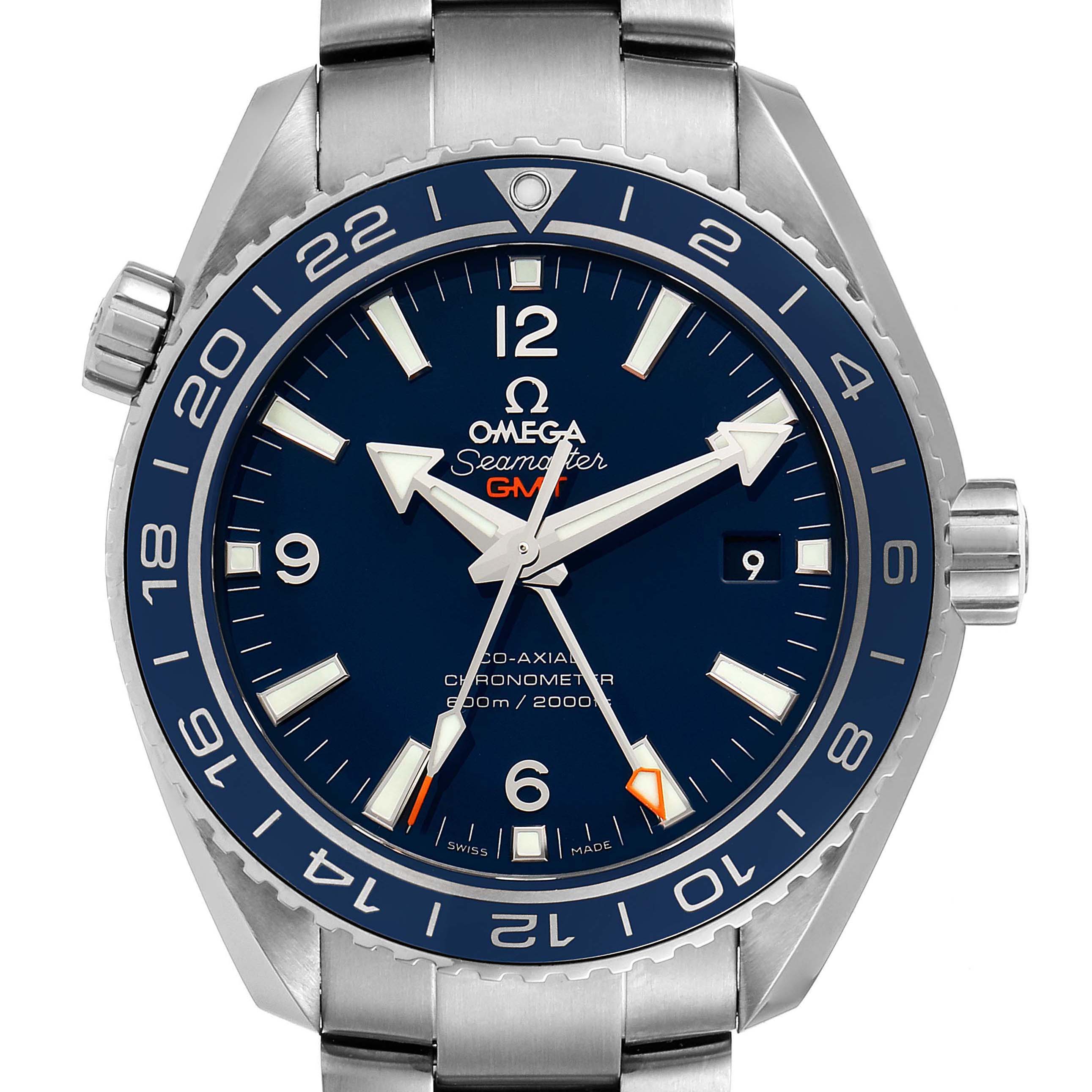 The image showcases a frontal view of the Omega Planet Ocean 232.90.44.22.03.001 Men's Titanium Blue Dial 232.90.44.22.03.001 Men's Titanium Blue Dial model watch, highlighting its dial, bezel, and bracelet.