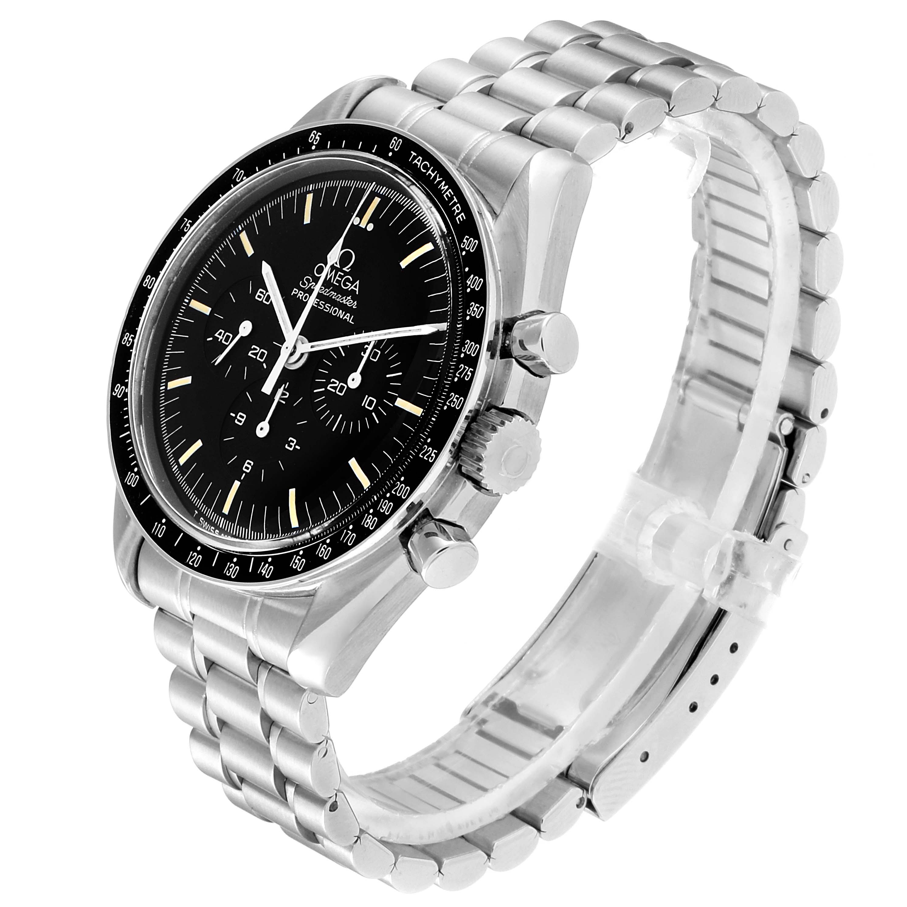This Omega Speedmaster 3590.50.00 Men's Stainless Steel Black Dial 3590.50.00 Men's Stainless Steel Black Dial watch is shown at an angle highlighting the face, bezel, crown, pushers, and bracelet.