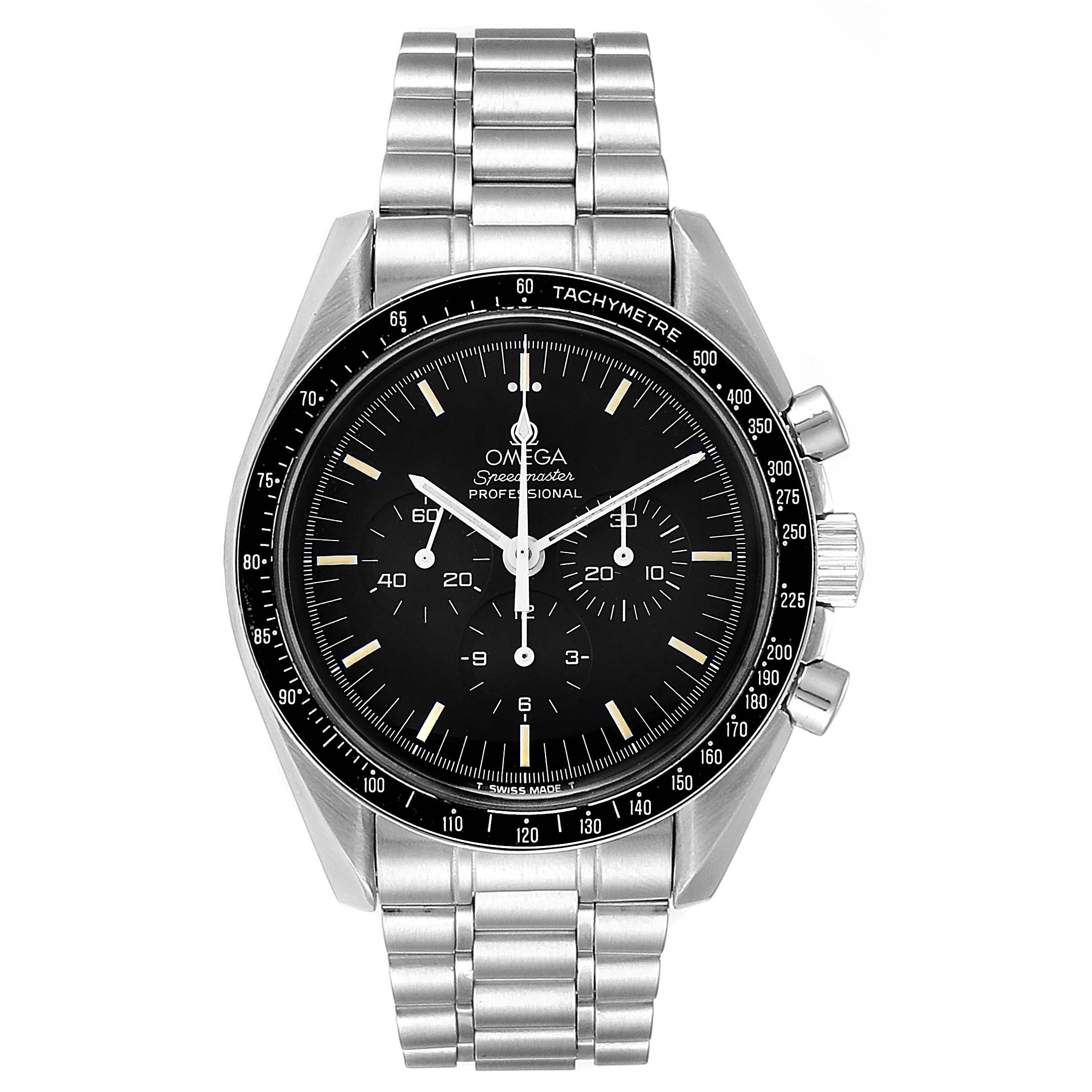 The image shows a front view of an Omega Speedmaster 3590.50.00 Men's Stainless Steel Black Dial 3590.50.00 Men's Stainless Steel Black Dial watch, highlighting the dial, bezel, and metal bracelet.