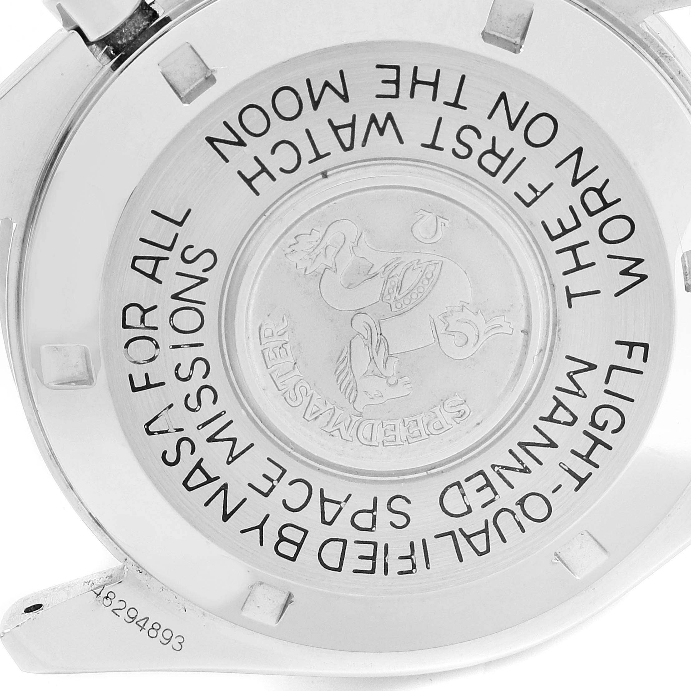 The image shows the case back of an Omega Speedmaster 3590.50.00 Men's Stainless Steel Black Dial 3590.50.00 Men's Stainless Steel Black Dial watch, featuring engraving and the model's emblem.