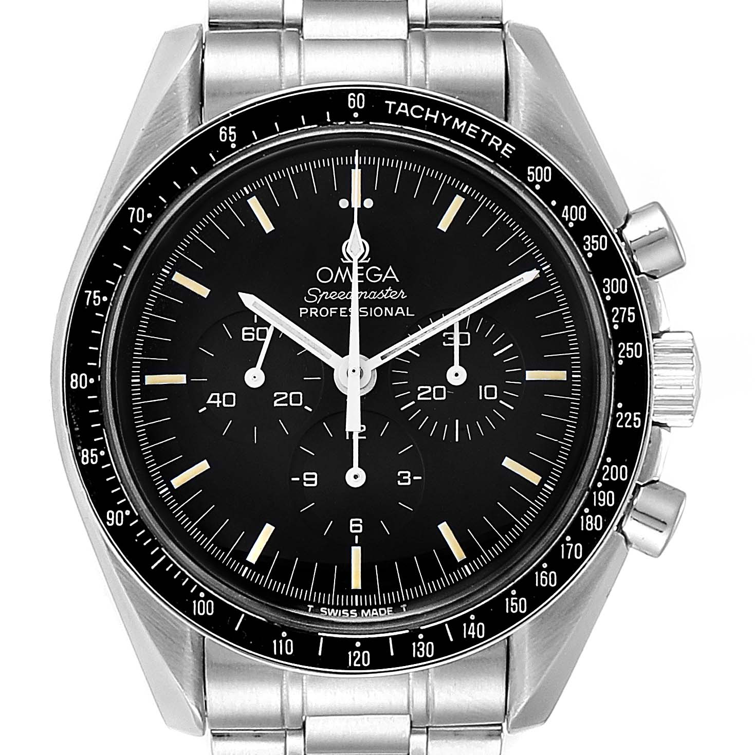 The image shows a front view of the Omega Speedmaster 3590.50.00 Men's Stainless Steel Black Dial 3590.50.00 Men's Stainless Steel Black Dial watch, highlighting the dial, tachymeter bezel, and chronograph subdials.