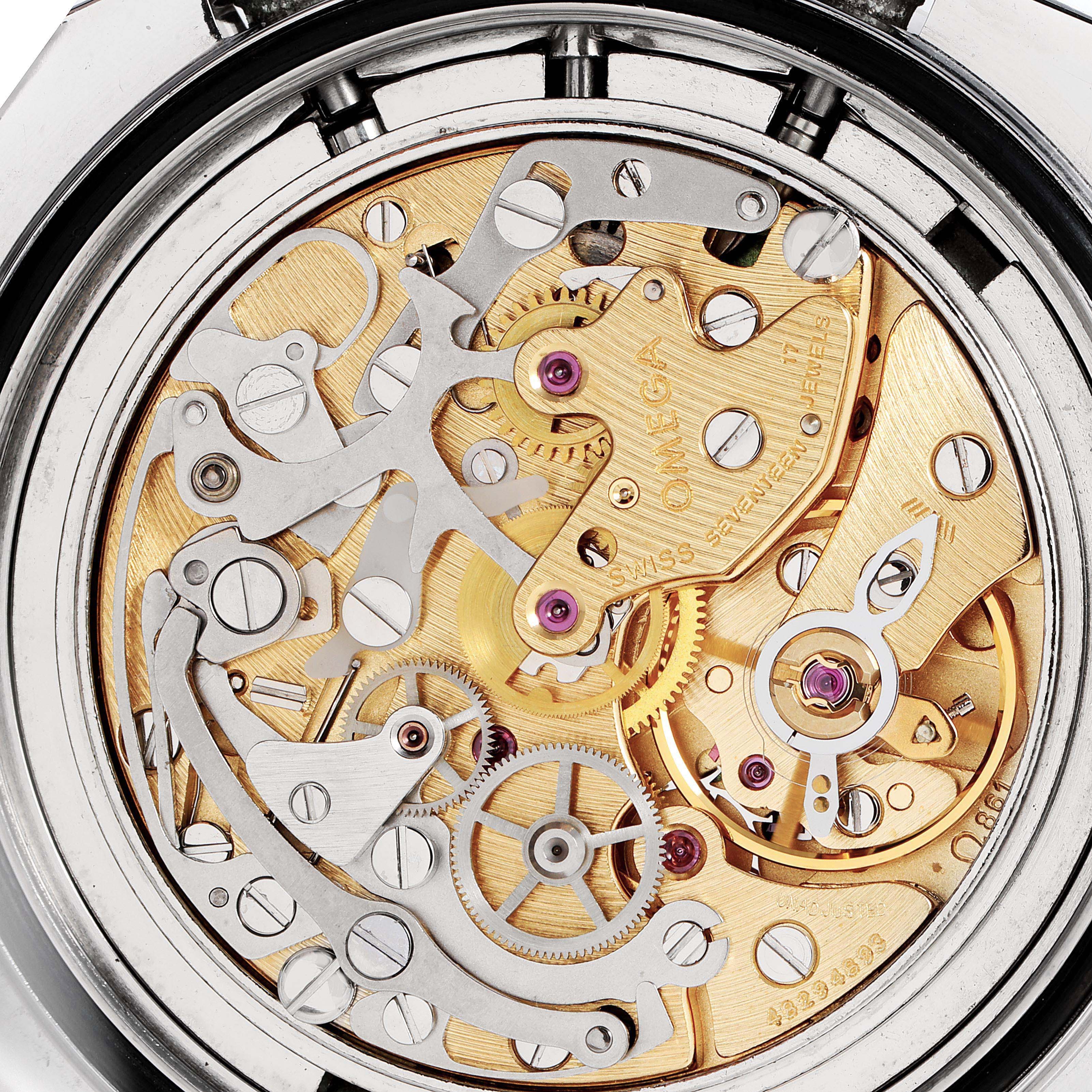 This image shows the intricate movement and internal mechanism of an Omega Speedmaster 3590.50.00 Men's Stainless Steel Black Dial 3590.50.00 Men's Stainless Steel Black Dial watch from a rear view angle.