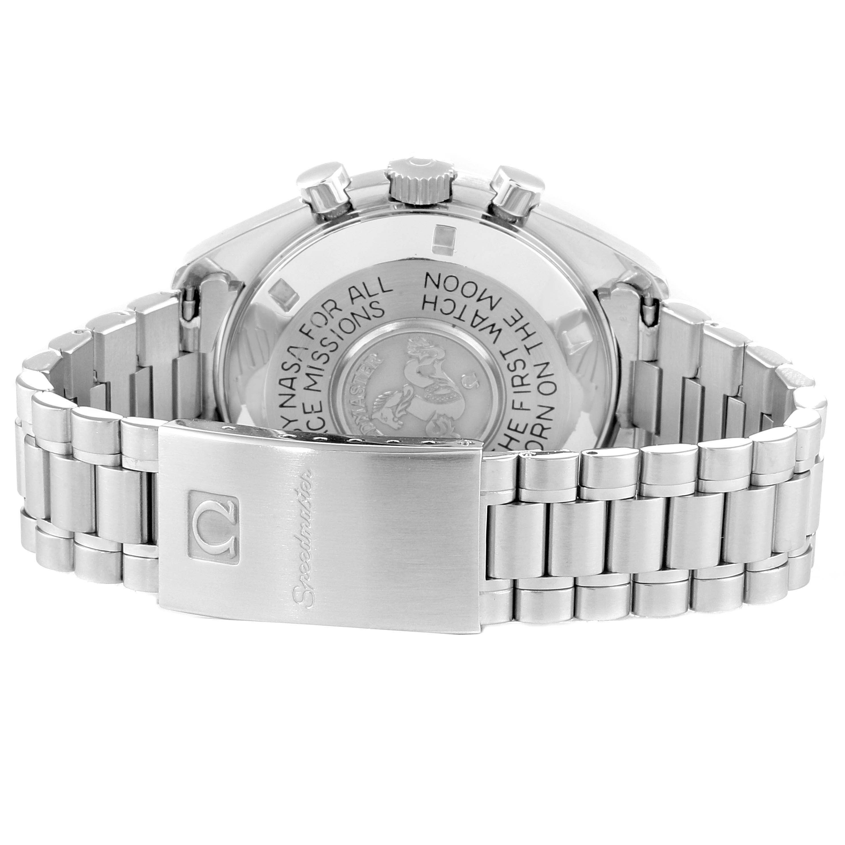 The image shows the backside and bracelet of an Omega Speedmaster 3590.50.00 Men's Stainless Steel Black Dial 3590.50.00 Men's Stainless Steel Black Dial watch, highlighting the clasp and engraved case back.