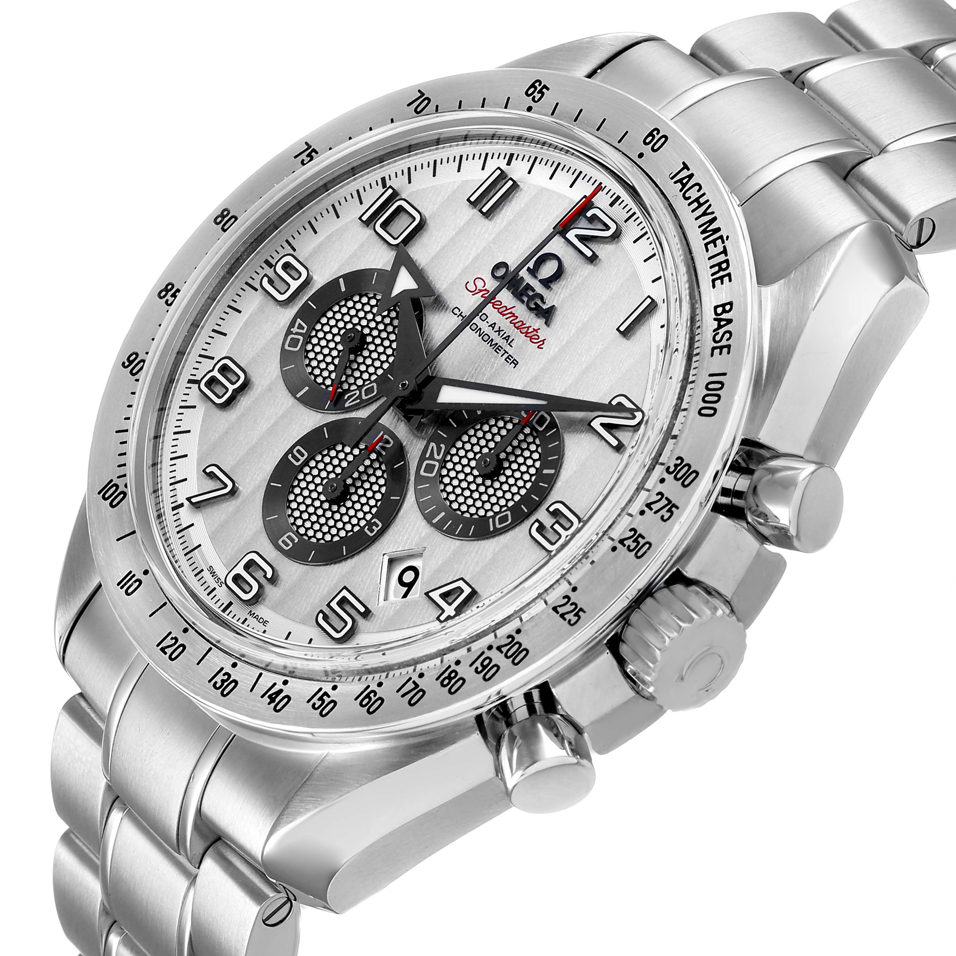 The Omega Speedmaster 321.10.44.50.02.001 Men's Stainless Steel Silver Dial watch is shown at a three-quarter angle, displaying the dial, bezel, pushers, and part of the bracelet.