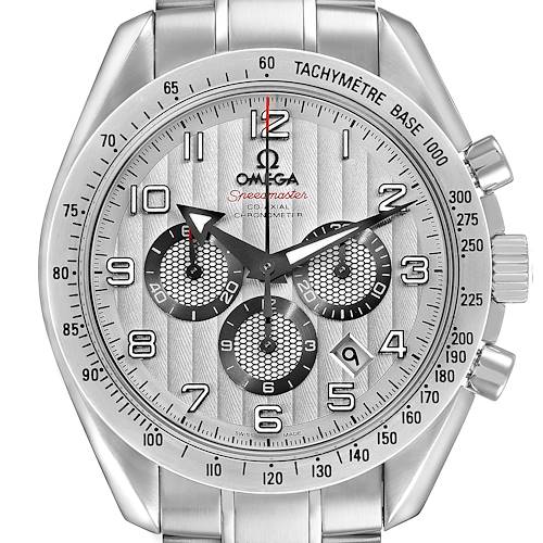 The image shows a front view of the Omega Speedmaster 321.10.44.50.02.001 Men's Stainless Steel Silver Dial watch, displaying the dial, bezel, and chronograph subdials.