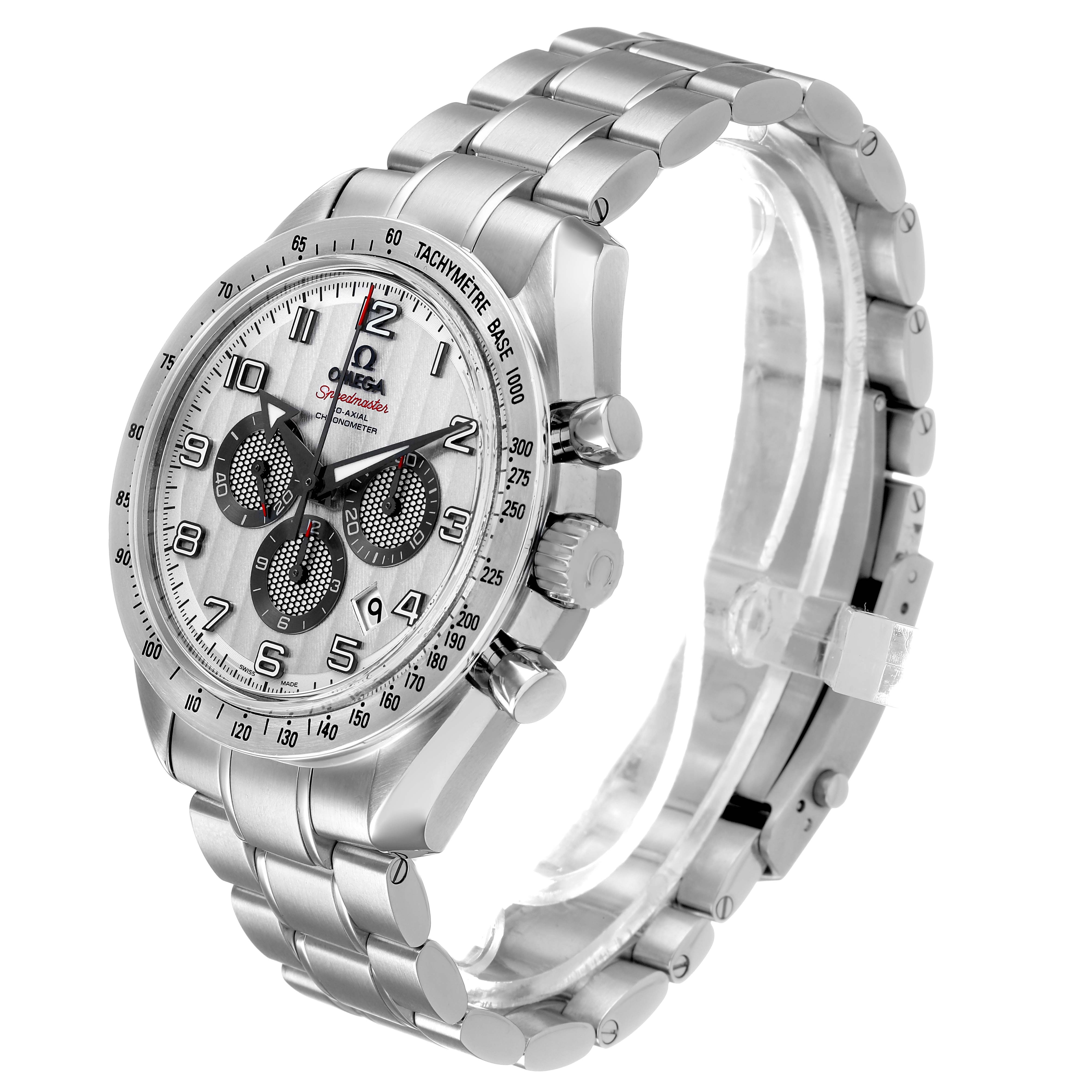The Omega Speedmaster 321.10.44.50.02.001 Men's Stainless Steel Silver Dial watch is shown at a three-quarter angle highlighting the face, bezel, and bracelet.