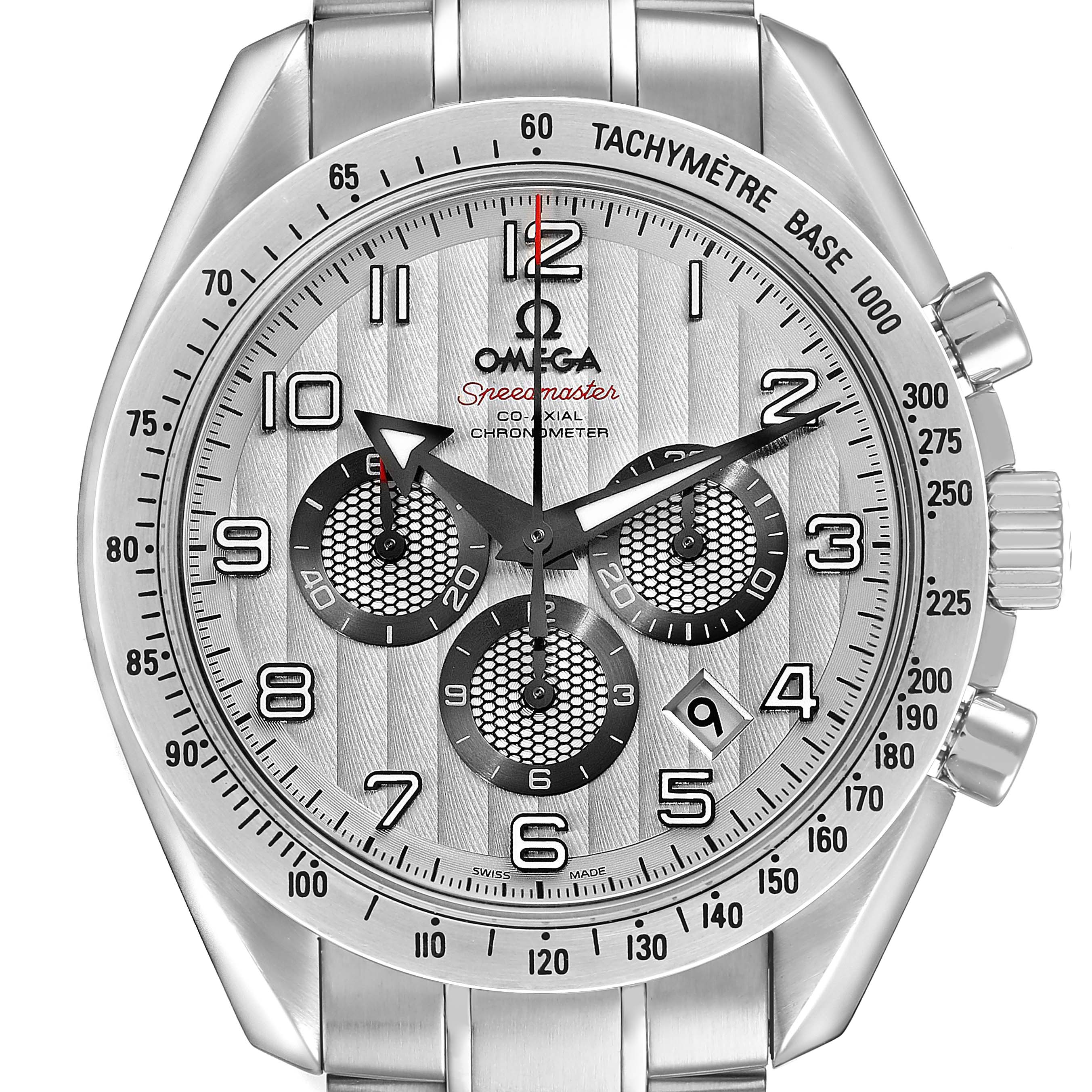 The Omega Speedmaster 321.10.44.50.02.001 Men's Stainless Steel Silver Dial watch is shown from a front angle, displaying the face, bezel, subdials, and metal bracelet.