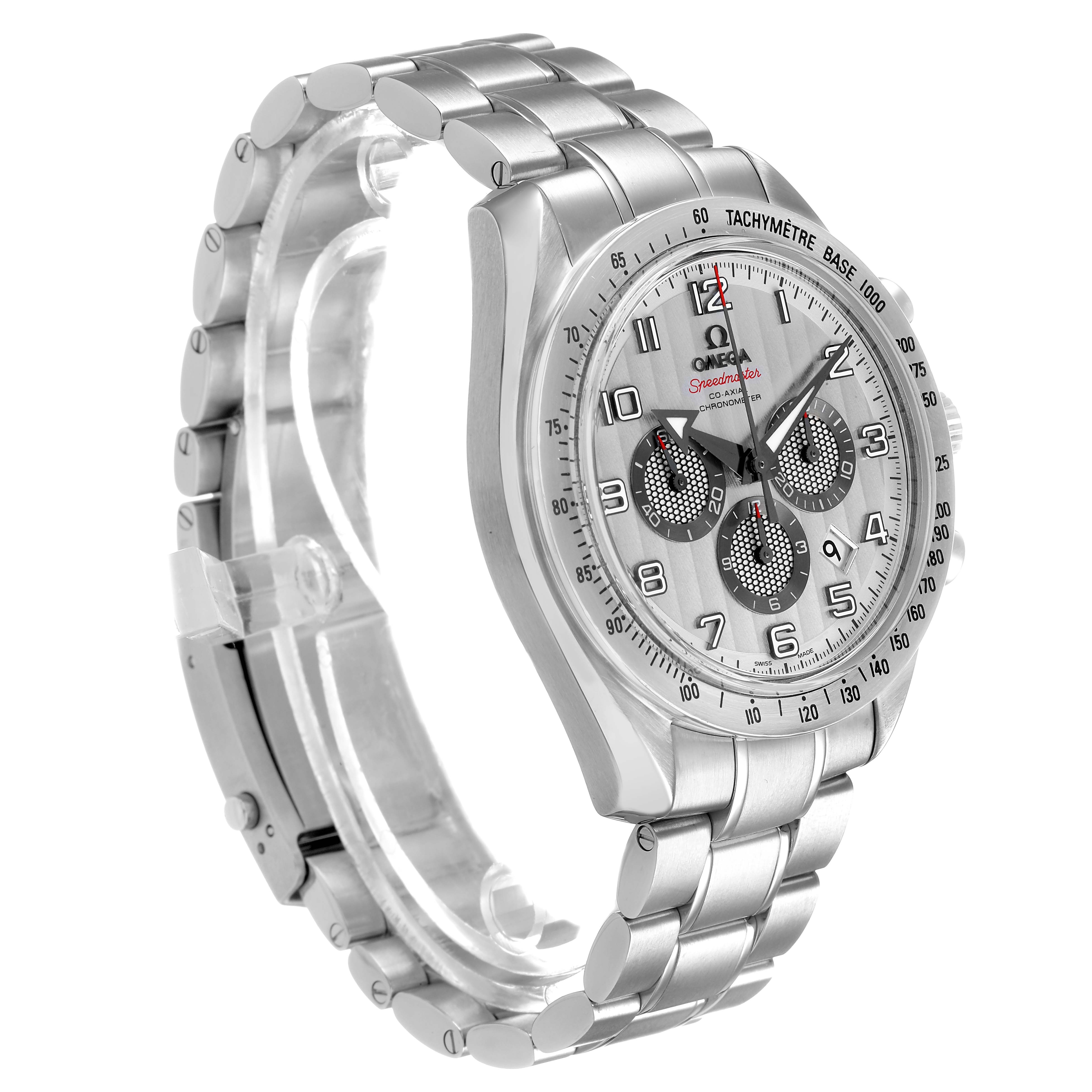 The Omega Speedmaster 321.10.44.50.02.001 Men's Stainless Steel Silver Dial watch is shown at a three-quarter angle, displaying the face, bezel, and metal bracelet.