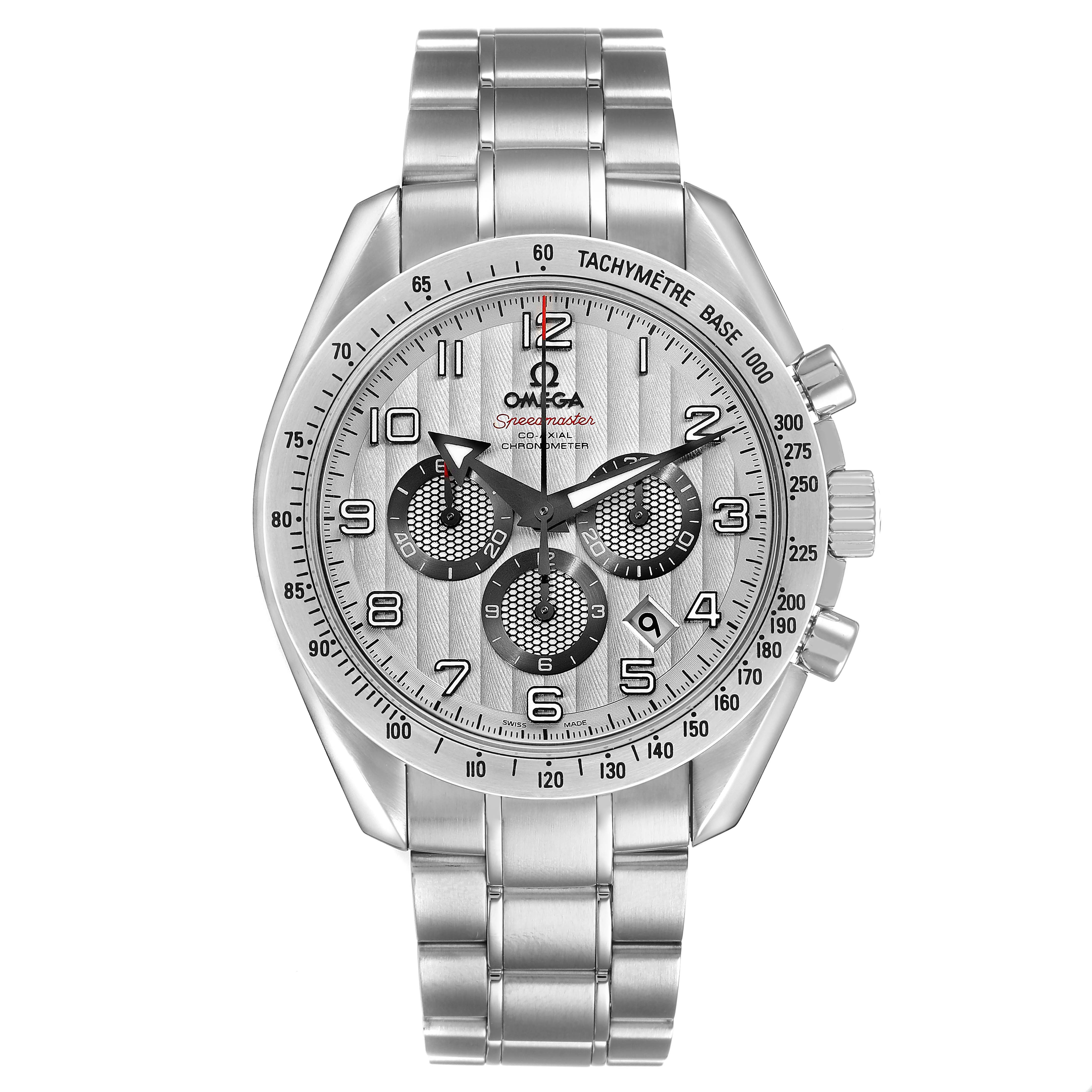 The Omega Speedmaster 321.10.44.50.02.001 Men's Stainless Steel Silver Dial model is shown from a front view, displaying its dial, bezel, tachymeter, and bracelet.