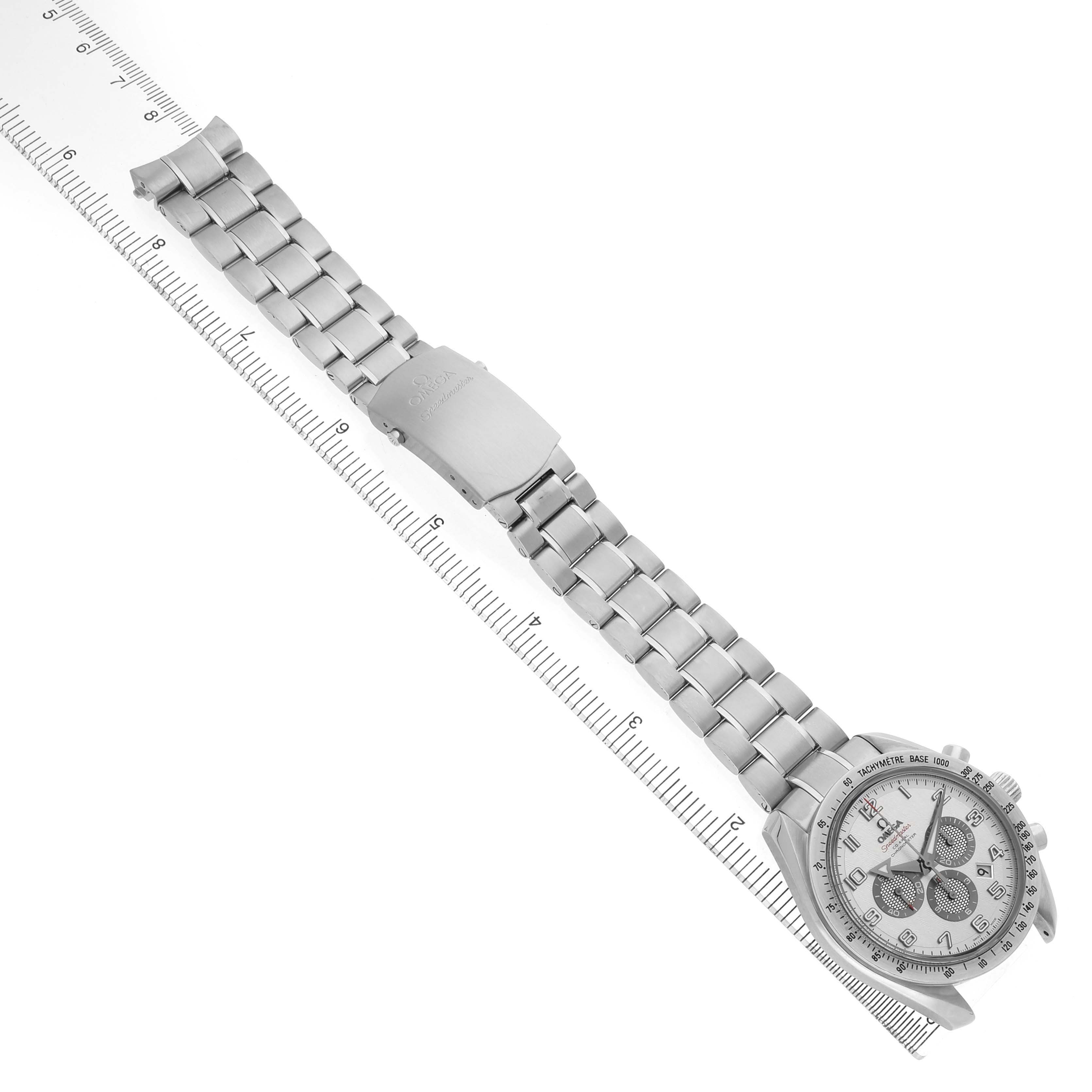 The Omega Speedmaster 321.10.44.50.02.001 Men's Stainless Steel Silver Dial watch is shown from a top angle, highlighting the dial and full metal bracelet with clasp.
