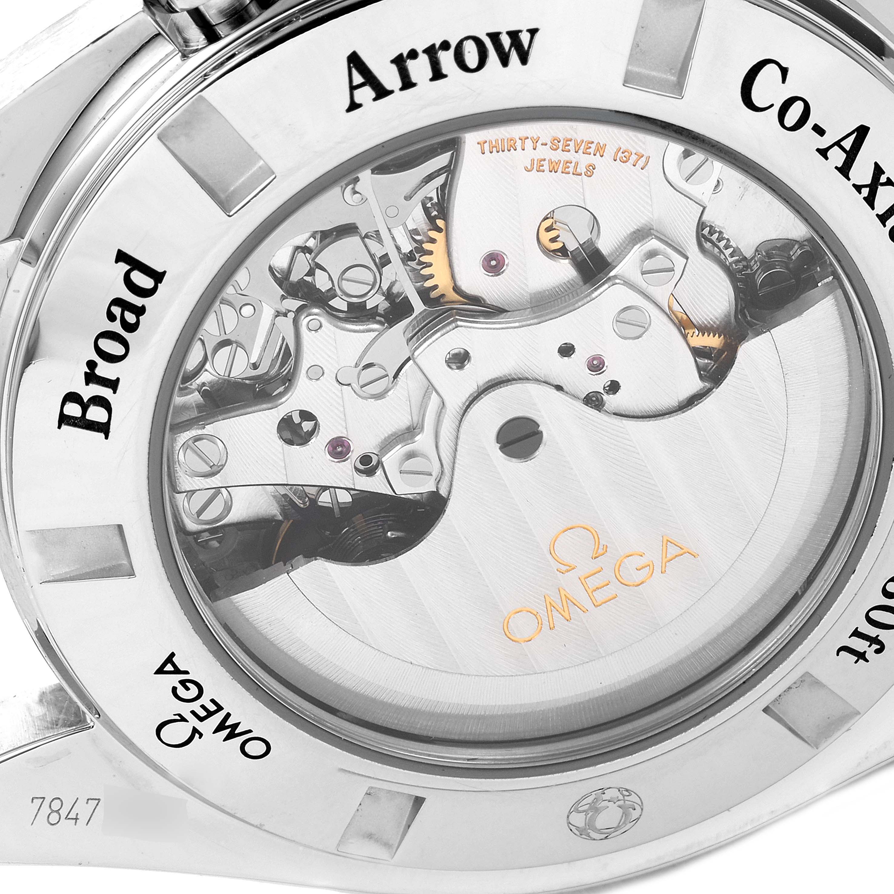 The image shows the back view of the Omega Speedmaster 321.10.44.50.02.001 Men's Stainless Steel Silver Dial, highlighting its exposed mechanical movement.