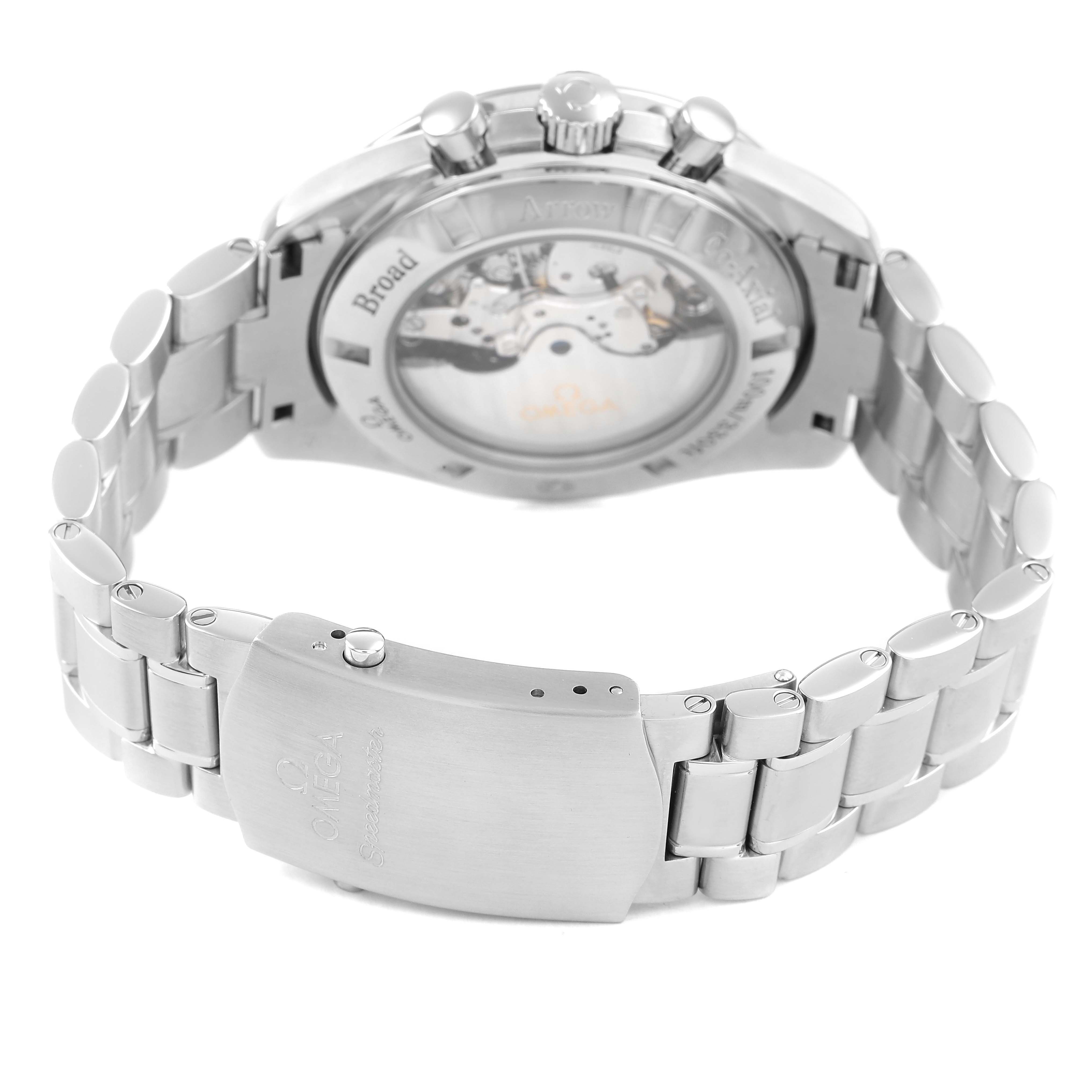 The image shows the back view of an Omega Speedmaster 321.10.44.50.02.001 Men's Stainless Steel Silver Dial watch, highlighting the clasp and exhibition case back.