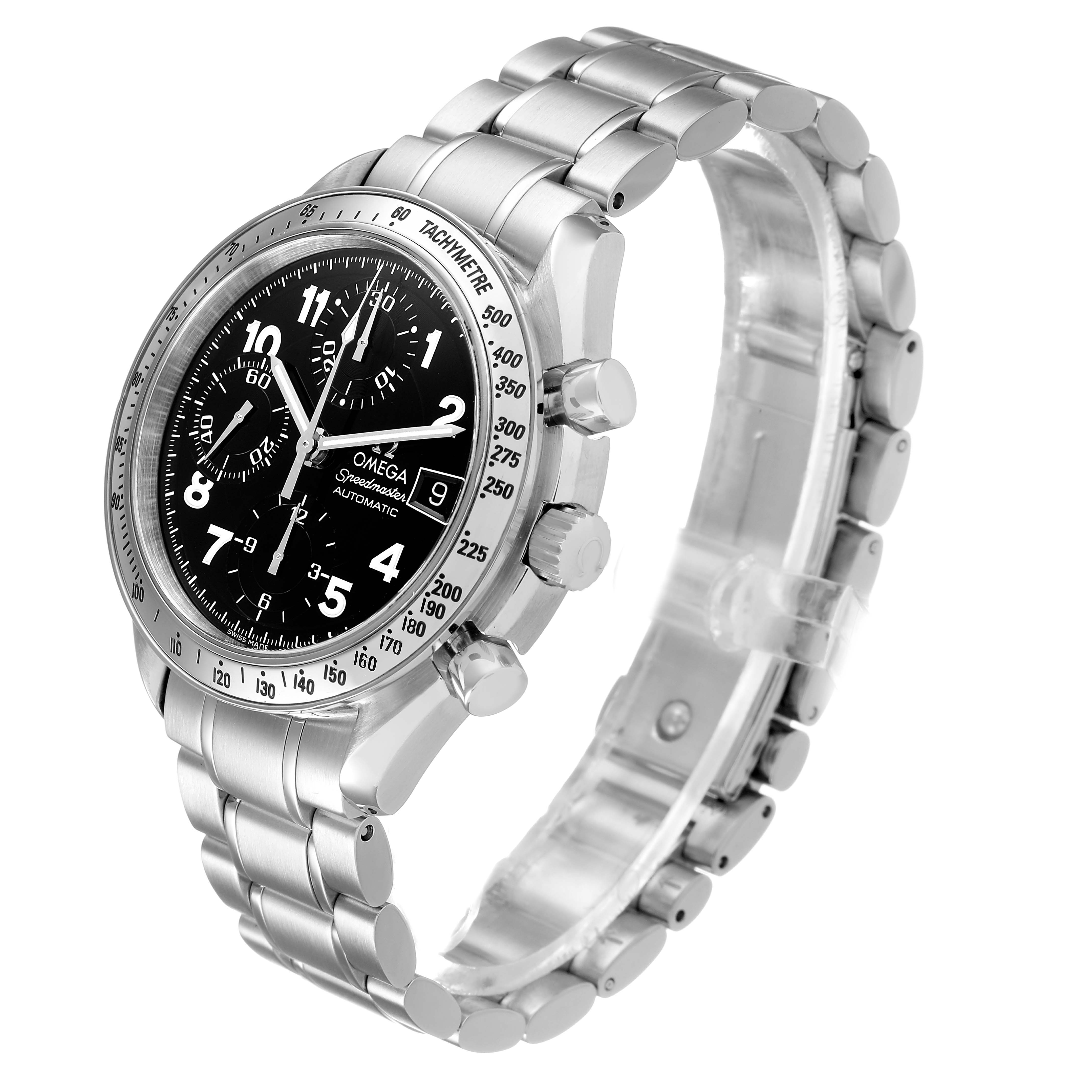 The Omega Speedmaster 3513.52.00 Men's Stainless Steel Black Dial watch is shown at a three-quarter angle, highlighting its face, bezel, pushers, and metal bracelet.