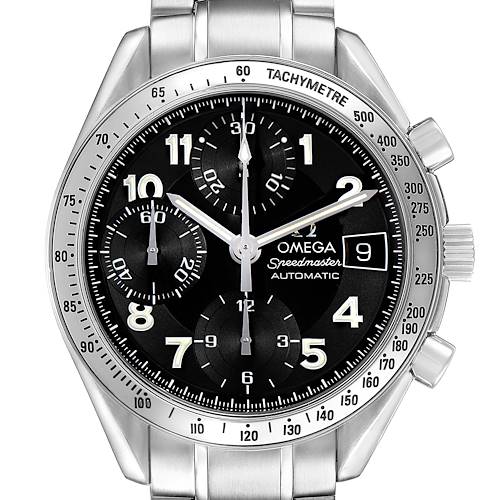 The Omega Speedmaster 3513.52.00 Men's Stainless Steel Black Dial watch is shown straight on, featuring the dial, bezel, and tachymeter details.