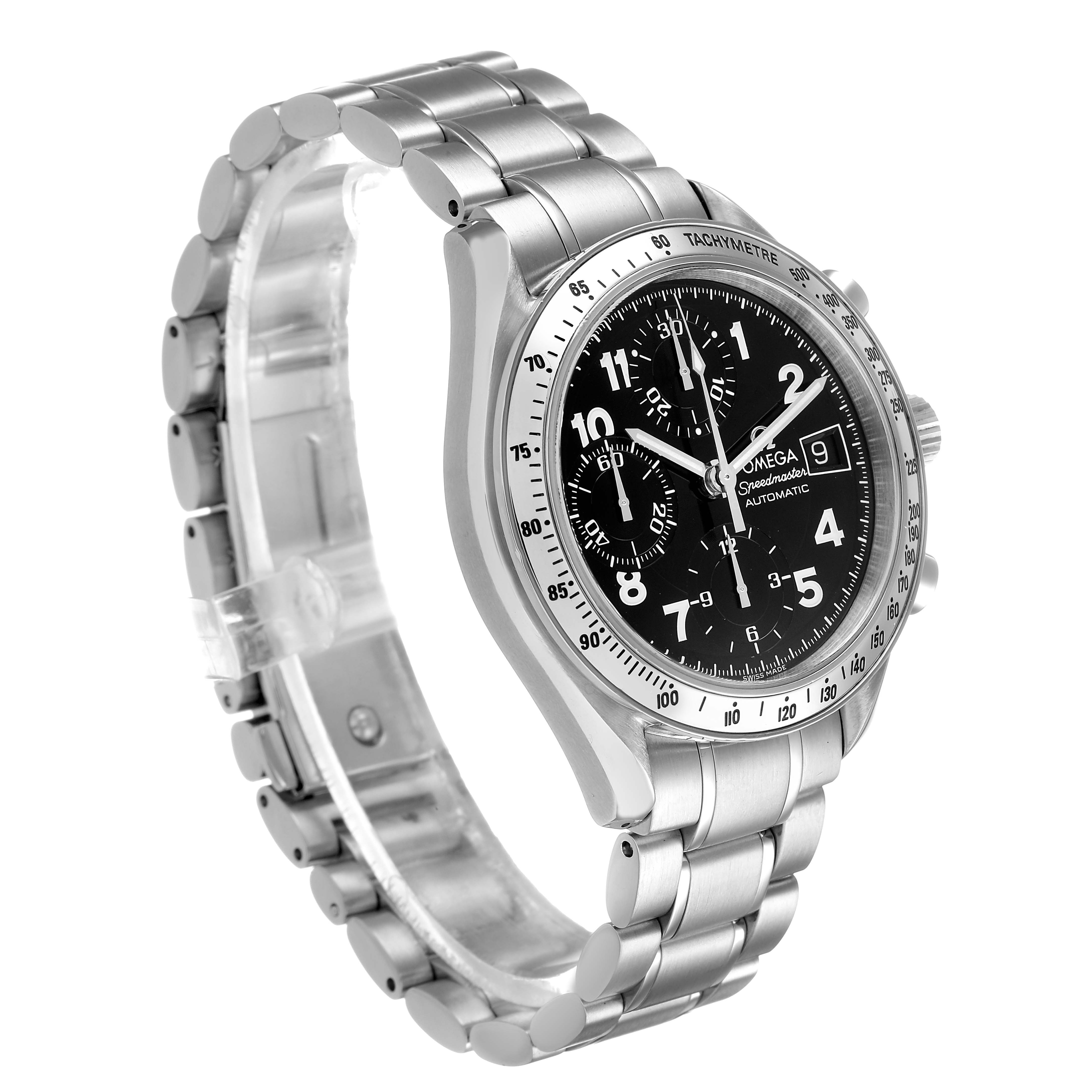 The Omega Speedmaster 3513.52.00 Men's Stainless Steel Black Dial watch is shown at a three-quarter angle, highlighting the dial, bezel, and bracelet.