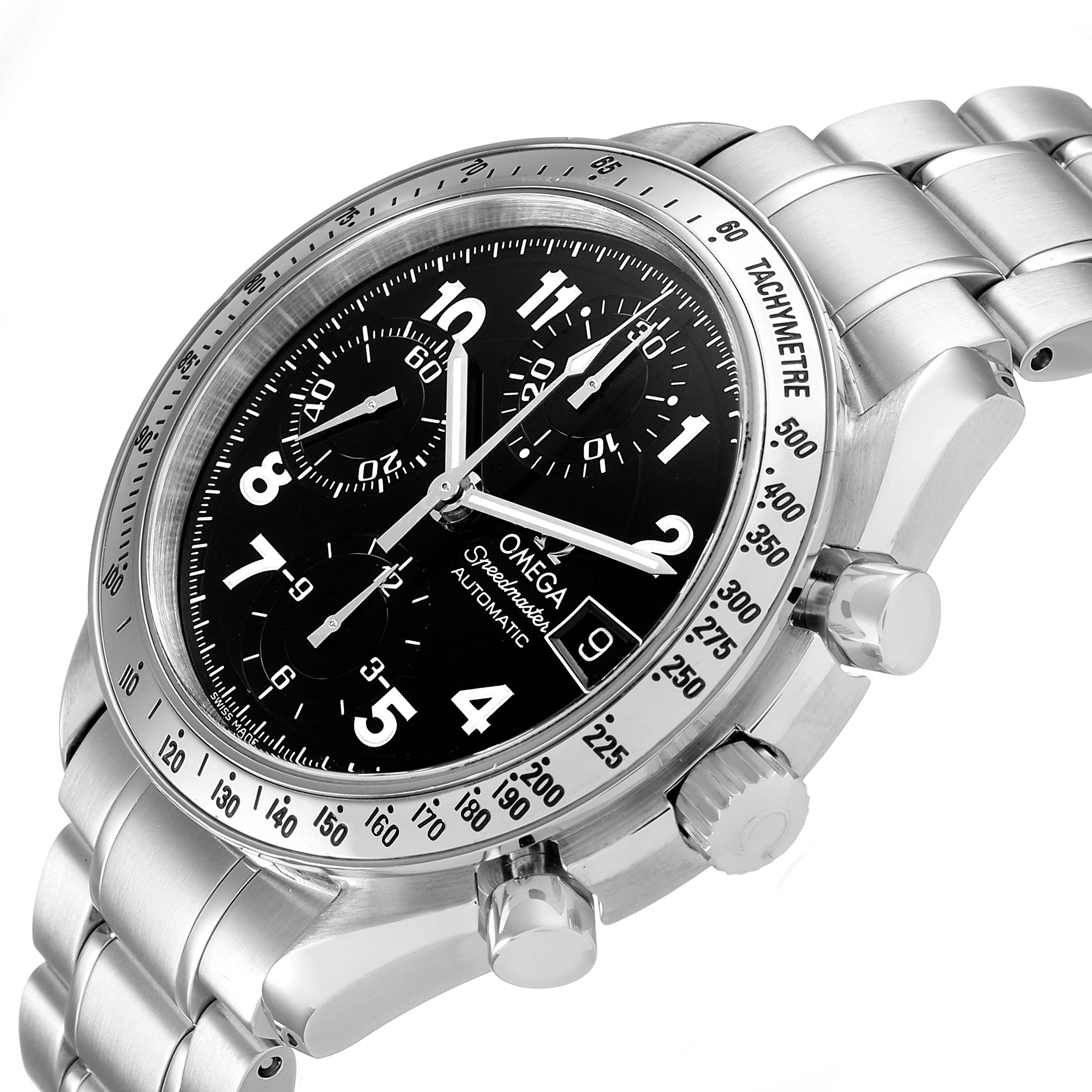 The Omega Speedmaster 3513.52.00 Men's Stainless Steel Black Dial watch is shown at an angle highlighting its face, chronograph dials, tachymeter bezel, and metal band.
