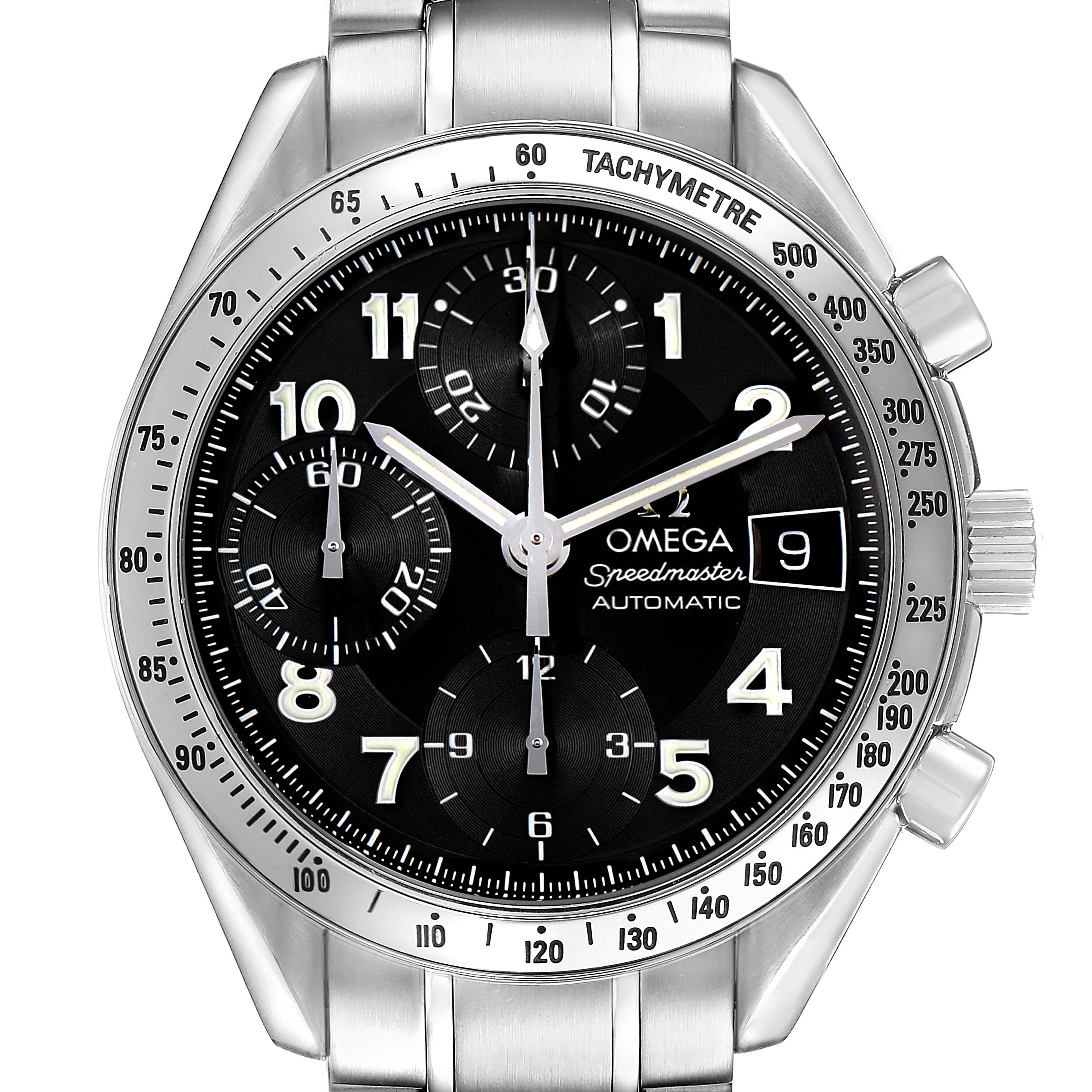 The Omega Speedmaster 3513.52.00 Men's Stainless Steel Black Dial watch is shown from the front, highlighting its face, chronograph sub-dials, and tachymeter bezel.