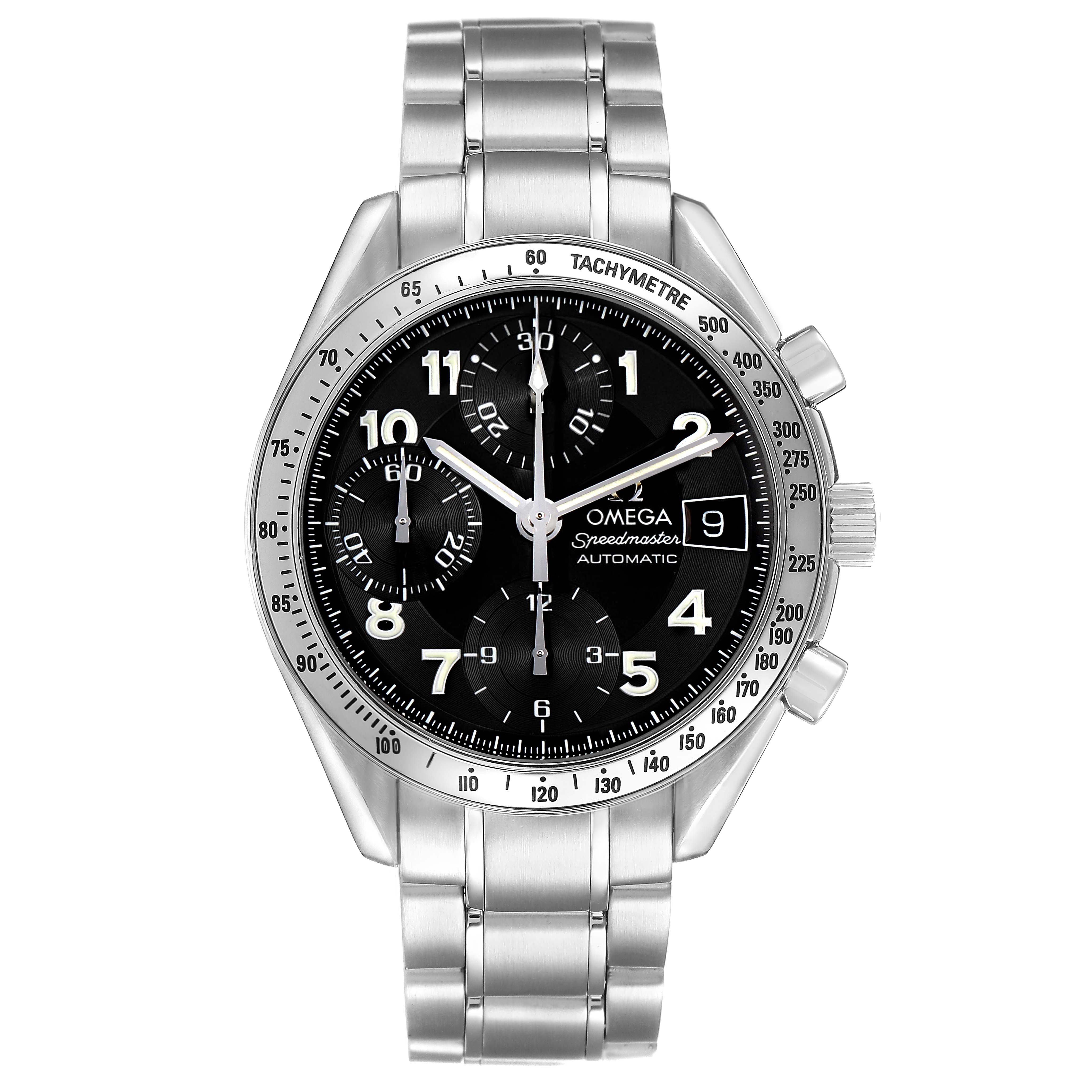 The image shows a frontal view of an Omega Speedmaster 3513.52.00 Men's Stainless Steel Black Dial watch, highlighting the dial, bezel, and metal bracelet.