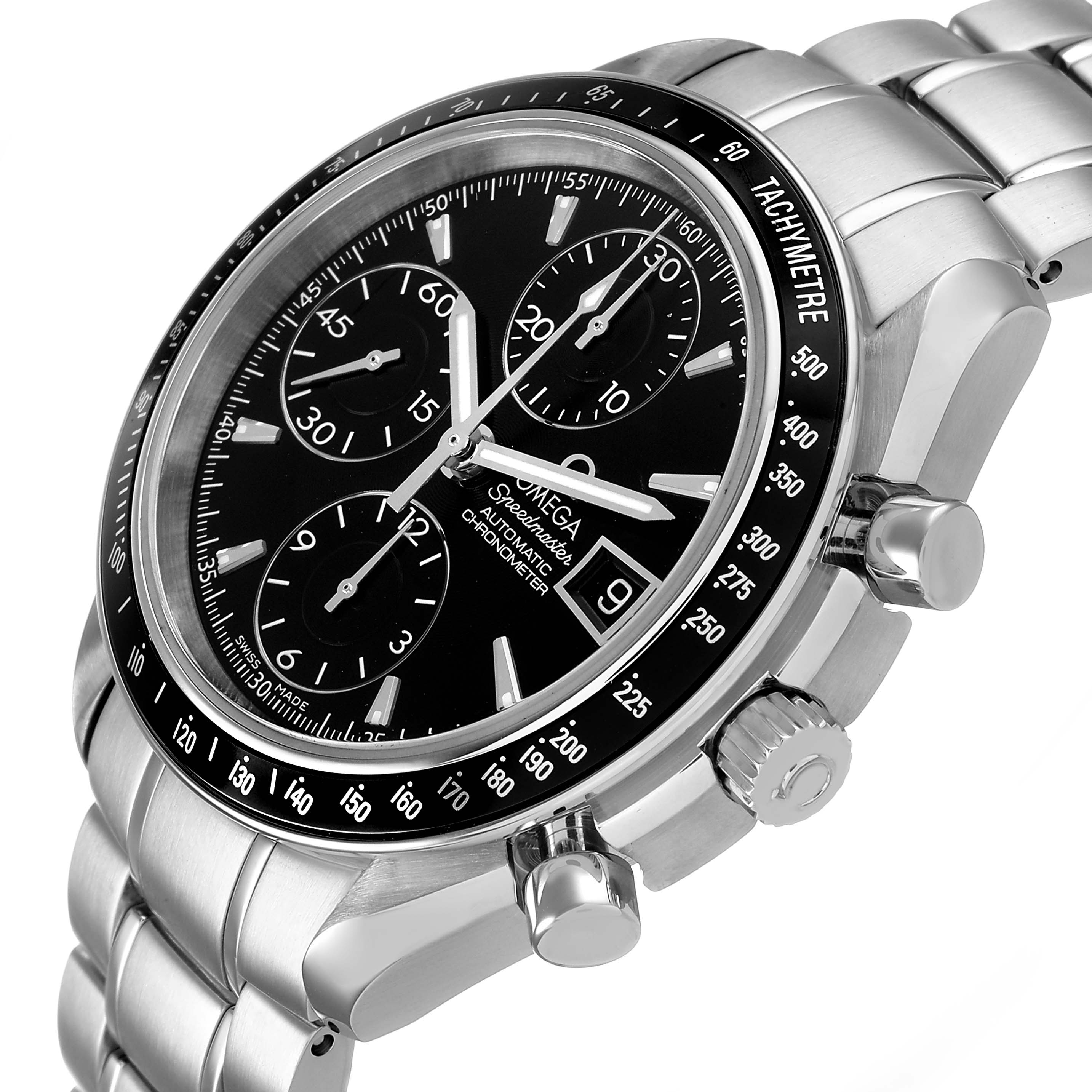 The Omega Speedmaster 3210.50.00 Men's Stainless Steel Black Dial watch is shown from an angled side view, highlighting the dial, tachymeter bezel, and steel bracelet.