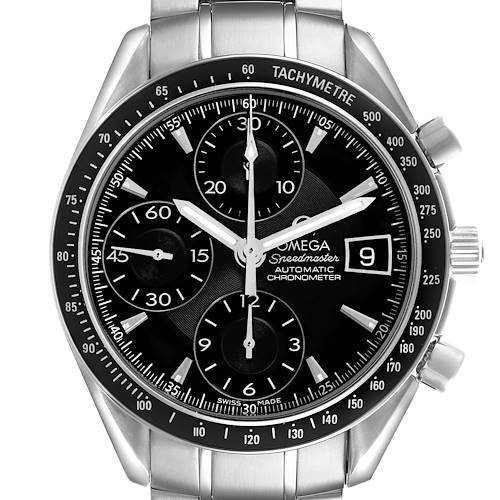 The Omega Speedmaster 3210.50.00 Men's Stainless Steel Black Dial is shown from the front, displaying the dial, bezel, subdials, and part of the bracelet.